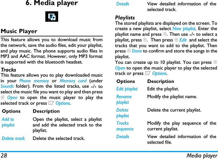 28 Media player6. Media playerMusic PlayerThis feature allows you to download music fromthe network, save the audio files, edit your playlist,and play music. The phone supports audio files inMP3 and AAC format. However, only MP3 formatis supported with the bluetooth headset.TracksThis feature allows you to play downloaded musicin your Phone memory or Memory card (underSounds folder). From the listed tracks, use +/- toselect the music file you want to play and then press, Open  to open the music player to play theselected track or press L Options.PlaylistsThe stored playlists are displayed on the screen. Tocreate a new playlist, select New playlist. Enter theplaylist name and press ,. Then use +/- to select aplaylist, press ,.  Then press , Edit  and select thetracks that you want to add to the playlist. Thenpress , Done to confirm and store the songs in theplaylist.You can create up to 10 playlist. You can press ,Open to open the music player to play the selectedtrack or press L Options. Options DescriptionAdd to playlistOpen the playlist, select a playlistand add the selected track to theplaylist.Delete track Delete the selected track.Details View detailed information of theselected track.Options DescriptionEdit playlist Edit the playlist.Rename playlistModify the playlist name.Delete playlistDelete the current playlist.Tracks sequenceModify the play sequence of thecurrent playlist.Details View detailed information of theselected file.