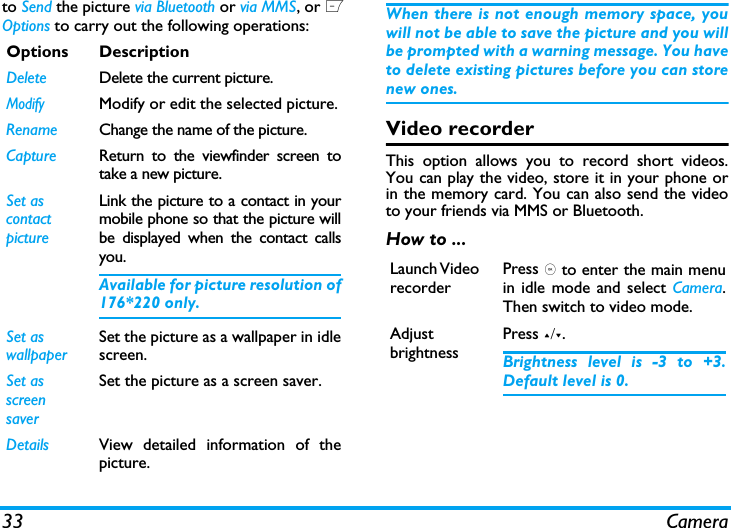 33 Camerato Send the picture via Bluetooth or via MMS, or LOptions to carry out the following operations:  When there is not enough memory space, youwill not be able to save the picture and you willbe prompted with a warning message. You haveto delete existing pictures before you can storenew ones. Video recorderThis option allows you to record short videos.You can play the video, store it in your phone orin the memory card. You can also send the videoto your friends via MMS or Bluetooth. How to ...Options DescriptionDelete Delete the current picture.ModifyModify or edit the selected picture.Rename Change the name of the picture.Capture Return to the viewfinder screen totake a new picture.Set as contact pictureLink the picture to a contact in yourmobile phone so that the picture willbe displayed when the contact callsyou.Available for picture resolution of176*220 only.Set as wallpaperSet the picture as a wallpaper in idlescreen.Set as screen saverSet the picture as a screen saver.Details View detailed information of thepicture.Launch Video recorderPress , to enter the main menuin idle mode and select Camera.Then switch to video mode.Adjust brightnessPress +/-.Brightness level is -3 to +3.Default level is 0. 
