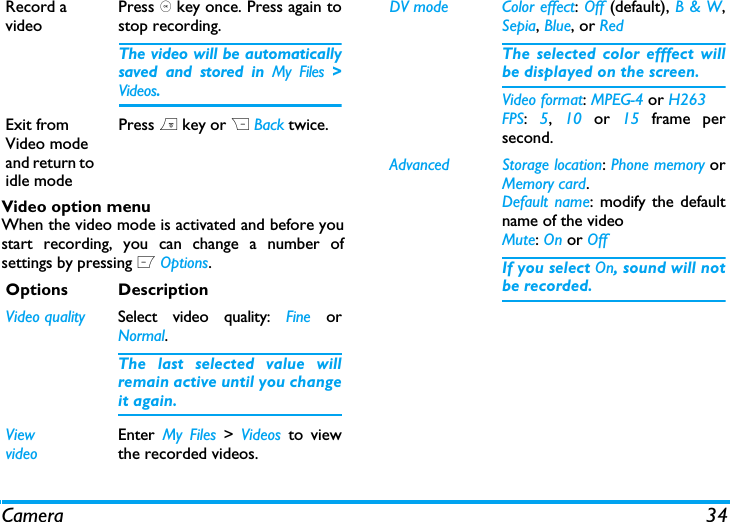 Camera 34Video option menuWhen the video mode is activated and before youstart recording, you can change a number ofsettings by pressing L Options.Record a videoPress , key once. Press again tostop recording.The video will be automaticallysaved and stored in My Files >Videos. Exit from Video mode and return to idle modePress ) key or R Back twice.Options DescriptionVideo quality Select video quality: Fine orNormal.The last selected value willremain active until you changeit again.ViewvideoEnter  My Files > Videos to viewthe recorded videos.DV mode Color effect: Off (default), B &amp; W,Sepia, Blue, or RedThe selected color efffect willbe displayed on the screen. Video format: MPEG-4 or H263FPS:  5,  10 or 15  frame persecond.Advanced Storage location: Phone memory orMemory card.Default name: modify the defaultname of the videoMute: On or OffIf you select On, sound will notbe recorded.