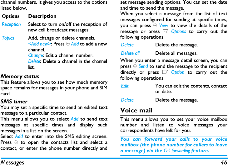 Messages 46channel numbers. It gives you access to the optionslisted below.Memory statusThis feature allows you to see how much memoryspace remains for messages in your phone and SIMcard.SMS timerYou may set a specific time to send an edited textmessage to a particular contact.This menu allows you to select Add to send textmessages at specific times and display suchmessages in a list on the screen. Select  Add to enter into the SMS editing screen.Press , to open the contacts list and select acontact, or enter the phone number directly andset message sending options. You can set the dateand time to send the message.When you select a message from the list of textmessages configured for sending at specific times,you can press , View  to view the details of themessage or press L Options to carry out thefollowing operations: When you enter a message detail screen, you canpress , Send to send the message to the recipientdirectly or press L Option to carry out thefollowing operations: Voice mailThis menu allows you to set your voice mailboxnumber and listen to voice messages yourcorrespondents have left for you.You can forward your calls to your voicemailbox (the phone number for callers to leavea message) via the Call forwarding feature. Options DescriptionReception Select to turn on/off the reception ofnew cell broadcast messages.Topics Add, change or delete channels.<Add new>: Press , Add to add a newchannel.Change: Edit a channel number.Delete: Delete a channel in the channellist. Delete Delete the message.Delete all Delete all messages.Edit You can edit the contents, contactor date.Delete Delete the message.
