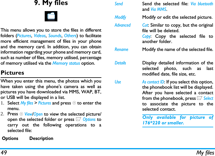 49 My files9. My filesThis menu allows you to store the files in differentfolders (Pictures, Videos, Sounds, Others) to facilitatemore efficient management of files in your phoneand the memory card. In addition, you can obtaininformation regarding your phone and memory card,such as number of files, memory utilised, percentageof memory utilised via the Memory status option. PicturesWhen you enter this menu, the photos which youhave taken using the phone's camera as well aspictures you have downloaded via MMS, WAP, BT,or USB will be displayed in a list. 1. Select My files > Pictures and press , to enter themenu.2. Press , View/Open to view the selected picture/open the selected folder or press L Options tocarry out the following operations to aselected file:Options DescriptionSend Send the selected file: Via bluetoothand Via MMS.ModifyModify or edit the selected picture.Advanced Cut: Similar to copy, but the originalfile will be deleted.Copy: Copy the selected file toanother folder.RenameModify the name of the selected file.DetailsDisplay detailed information of theselected photo, such as lastmodified date, file size, etc. Use As contact ID: If you select this option,the phonebook list will be displayed.After you have selected a contactfrom the phonebook, press L Selectto associate the picture to theselected contact. Only available for picture of176*220 or smaller.