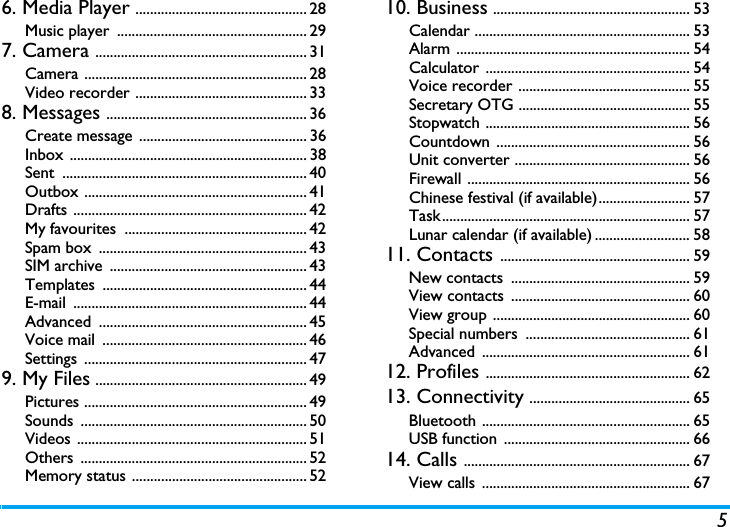 56. Media Player ............................................... 28Music player  .................................................... 297. Camera .......................................................... 31Camera ............................................................. 28Video recorder ............................................... 338. Messages ....................................................... 36Create message  .............................................. 36Inbox ................................................................. 38Sent ................................................................... 40Outbox ............................................................. 41Drafts ................................................................ 42My favourites  .................................................. 42Spam box  ......................................................... 43SIM archive  ...................................................... 43Templates ........................................................ 44E-mail ................................................................ 44Advanced ......................................................... 45Voice mail  ........................................................ 46Settings ............................................................. 479. My Files .......................................................... 49Pictures ............................................................. 49Sounds .............................................................. 50Videos ............................................................... 51Others .............................................................. 52Memory status ................................................ 5210. Business ...................................................... 53Calendar ........................................................... 53Alarm ................................................................ 54Calculator ........................................................ 54Voice recorder ............................................... 55Secretary OTG ............................................... 55Stopwatch ........................................................ 56Countdown ..................................................... 56Unit converter ................................................ 56Firewall ............................................................. 56Chinese festival (if available)......................... 57Task.................................................................... 57Lunar calendar (if available) .......................... 5811. Contacts .................................................... 59New contacts  ................................................. 59View contacts  ................................................. 60View group ...................................................... 60Special numbers  ............................................. 61Advanced ......................................................... 6112. Profiles ........................................................ 6213. Connectivity ............................................ 65Bluetooth ......................................................... 65USB function  ................................................... 6614. Calls .............................................................. 67View calls  ......................................................... 67