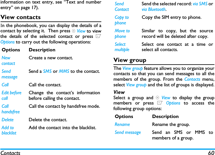 Contacts 60information on text entry, see &ldquo;Text and numberentry&rdquo; on page 17).View contactsIn the phonebook, you can display the details of acontact by selecting it.  Then press , View to viewthe details of the selected contact or press LOptions to carry out the following operations:View groupThe View group feature allows you to organize yourcontacts so that you can send messages to all themembers of the group. From the Contacts menu,select View group and the list of groups is displayed.ViewSelect a group and , Viewoto display the groupmembers or press L Options to access thefollowing group options:Options DescriptionNew contactCreate a new contact.SendmessageSend a SMS or MMS to the contact.Call Call the contact.Edit before callChange the contact&rsquo;s informationbefore calling the contact.Call handsfree Call the contact by handsfree mode.Delete Delete the contact.Add to blacklistAdd the contact into the blacklist.Send ContactSend the selected record: via SMS orvia Bluetooth.Copy to phoneCopy the SIM entry to phone.Move to phoneSimilar to copy, but the sourcerecord will be deleted after copy.SelectmultipleSelect one contact at a time orselect all contacts.Options DescriptionRename Rename the group.Send message Send an SMS or MMS tomembers of a group.