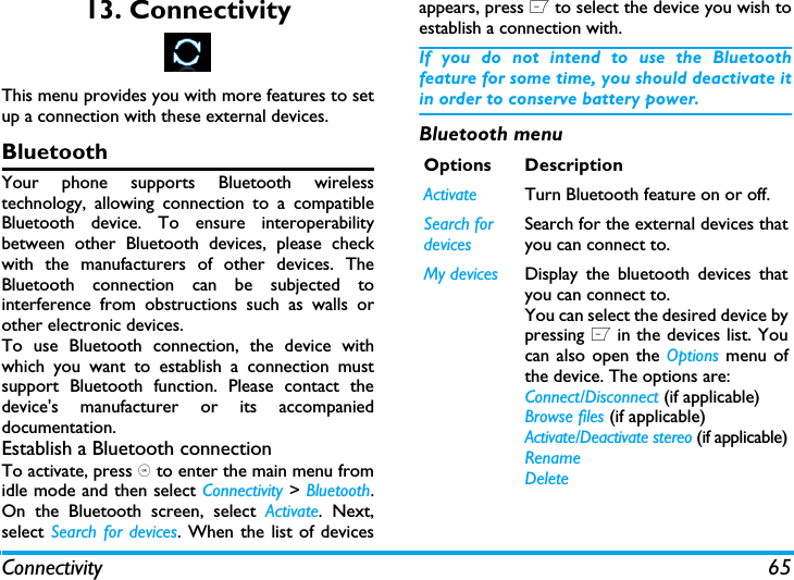 Connectivity 6513. ConnectivityThis menu provides you with more features to setup a connection with these external devices.BluetoothYour phone supports Bluetooth wirelesstechnology, allowing connection to a compatibleBluetooth device. To ensure interoperabilitybetween other Bluetooth devices, please checkwith the manufacturers of other devices. TheBluetooth connection can be subjected tointerference from obstructions such as walls orother electronic devices.To use Bluetooth connection, the device withwhich you want to establish a connection mustsupport Bluetooth function. Please contact thedevice's manufacturer or its accompanieddocumentation.Establish a Bluetooth connectionTo activate, press , to enter the main menu fromidle mode and then select Connectivity > Bluetooth.On the Bluetooth screen, select Activate. Next,select Search for devices. When the list of devicesappears, press L to select the device you wish toestablish a connection with.If you do not intend to use the Bluetoothfeature for some time, you should deactivate itin order to conserve battery power.Bluetooth menuOptions DescriptionActivate Turn Bluetooth feature on or off. Search for devicesSearch for the external devices thatyou can connect to.My devices Display the bluetooth devices thatyou can connect to.You can select the desired device bypressing L in the devices list. Youcan also open the Options menu ofthe device. The options are: Connect/Disconnect (if applicable)Browse files (if applicable)Activate/Deactivate stereo (if applicable)RenameDelete