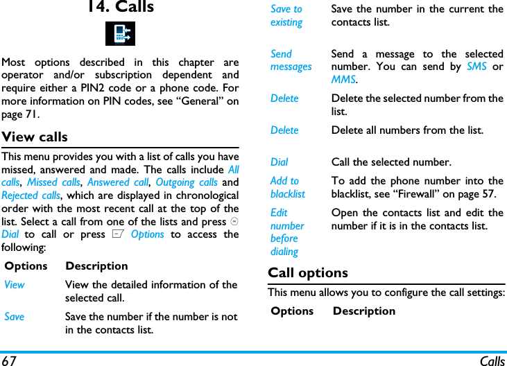 67 Calls14. CallsMost options described in this chapter areoperator and/or subscription dependent andrequire either a PIN2 code or a phone code. Formore information on PIN codes, see &ldquo;General&rdquo; onpage 71.View callsThis menu provides you with a list of calls you havemissed, answered and made. The calls include Allcalls,  Missed calls,  Answered call,  Outgoing calls andRejected calls, which are displayed in chronologicalorder with the most recent call at the top of thelist. Select a call from one of the lists and press ,Dial to call or press L Options to access thefollowing:Call optionsThis menu allows you to configure the call settings:Options DescriptionView View the detailed information of theselected call.Save Save the number if the number is notin the contacts list.Save to existingSave the number in the current thecontacts list.Send messagesSend a message to the selectednumber. You can send by SMS orMMS.Delete Delete the selected number from thelist.Delete Delete all numbers from the list.Dial Call the selected number.Add to blacklistTo add the phone number into theblacklist, see &ldquo;Firewall&rdquo; on page 57.Edit number before dialingOpen the contacts list and edit thenumber if it is in the contacts list.Options Description