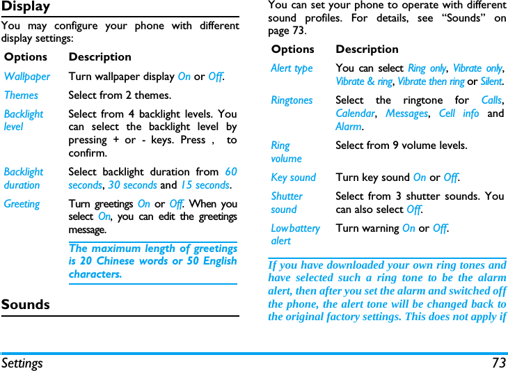 Settings 73DisplayYou may configure your phone with differentdisplay settings:SoundsYou can set your phone to operate with differentsound profiles. For details, see &ldquo;Sounds&rdquo; onpage 73.If you have downloaded your own ring tones andhave selected such a ring tone to be the alarmalert, then after you set the alarm and switched offthe phone, the alert tone will be changed back tothe original factory settings. This does not apply ifOptions DescriptionWallpaper Turn wallpaper display On or Off.Themes Select from 2 themes.Backlight levelSelect from 4 backlight levels. Youcan select the backlight level bypressing + or - keys. Press ,  toconfirm. Backlight durationSelect backlight duration from 60seconds, 30 seconds and 15 seconds.Greeting Turn greetings On or Off. When youselect  On, you can edit the greetingsmessage. The maximum length of greetingsis 20 Chinese words or 50 Englishcharacters.Options DescriptionAlert type You can select Ring only,  Vibrate only,Vibrate &amp; ring, Vibrate then ring or Silent.Ringtones Select the ringtone for Calls,Calendar,  Messages,  Cell info andAlarm.Ring volumeSelect from 9 volume levels.Key sound Turn key sound On or Off.Shutter soundSelect from 3 shutter sounds. Youcan also select Off.Low battery alertTurn warning On or Off.