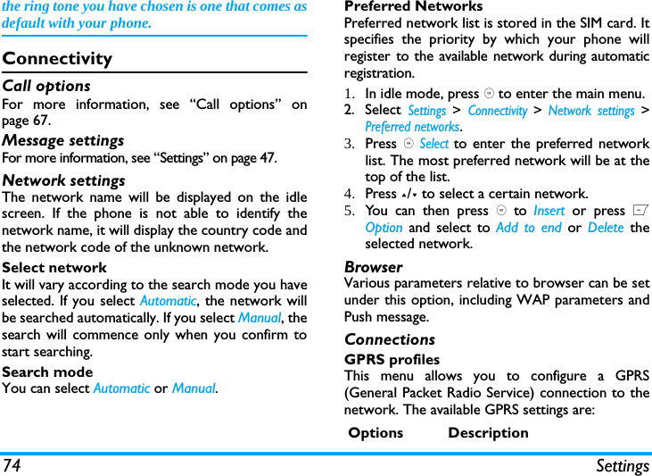 74 Settingsthe ring tone you have chosen is one that comes asdefault with your phone.ConnectivityCall optionsFor more information, see &ldquo;Call options&rdquo; onpage 67.Message settingsFor more information, see &ldquo;Settings&rdquo; on page 47.Network settingsThe network name will be displayed on the idlescreen. If the phone is not able to identify thenetwork name, it will display the country code andthe network code of the unknown network.Select networkIt will vary according to the search mode you haveselected. If you select Automatic, the network willbe searched automatically. If you select Manual, thesearch will commence only when you confirm tostart searching. Search modeYou can select Automatic or Manual.Preferred NetworksPreferred network list is stored in the SIM card. Itspecifies the priority by which your phone willregister to the available network during automaticregistration. 1. In idle mode, press , to enter the main menu. 2. Select Settings > Connectivity > Network settings >Preferred networks.3. Press , Select to enter the preferred networklist. The most preferred network will be at thetop of the list. 4. Press +/- to select a certain network.5. You can then press , to Insert  or press LOption and select to Add to end or Delete theselected network.BrowserVarious parameters relative to browser can be setunder this option, including WAP parameters andPush message.ConnectionsGPRS profilesThis menu allows you to configure a GPRS(General Packet Radio Service) connection to thenetwork. The available GPRS settings are:Options Description