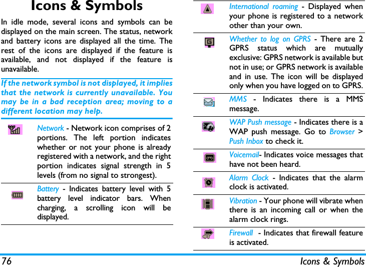 76 Icons &amp; SymbolsIcons &amp; SymbolsIn idle mode, several icons and symbols can bedisplayed on the main screen. The status, networkand battery icons are displayed all the time. Therest of the icons are displayed if the feature isavailable, and not displayed if the feature isunavailable.If the network symbol is not displayed, it impliesthat the network is currently unavailable. Youmay be in a bad reception area; moving to adifferent location may help.Network - Network icon comprises of 2portions. The left portion indicateswhether or not your phone is alreadyregistered with a network, and the rightportion indicates signal strength in 5levels (from no signal to strongest).Battery - Indicates battery level with 5battery level indicator bars. Whencharging, a scrolling icon will bedisplayed.International roaming - Displayed whenyour phone is registered to a networkother than your own.Whether to log on GPRS - There are 2GPRS status which are mutuallyexclusive: GPRS network is available butnot in use; or GPRS network is availableand in use. The icon will be displayedonly when you have logged on to GPRS.MMS  - Indicates there is a MMSmessage.WAP Push message - Indicates there is aWAP push message. Go to Browser >Push Inbox to check it.Voicemail- Indicates voice messages thathave not been heard.Alarm Clock - Indicates that the alarmclock is activated.Vibration - Your phone will vibrate whenthere is an incoming call or when thealarm clock rings.Firewall  - Indicates that firewall featureis activated.