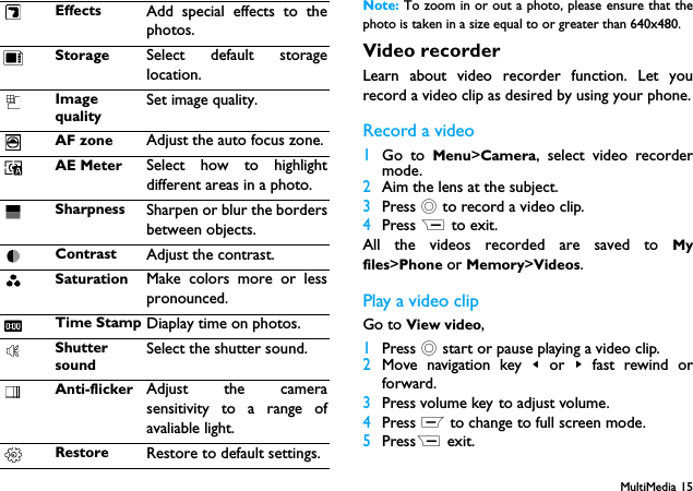 MultiMedia 15Note: To zoom in or out a photo, please ensure that thephoto is taken in a size equal to or greater than 640x480.Video recorderLearn about video recorder function. Let yourecord a video clip as desired by using your phone.Record a video1Go to Menu>Camera, select video recordermode.2Aim the lens at the subject.3Press , to record a video clip.4Press R to exit.All the videos recorded are saved to Myfiles>Phone or Memory>Videos.Play a video clipGo to View video,1Press , start or pause playing a video clip.2Move navigation key < or  > fast rewind orforward.3Press volume key to adjust volume.4Press L to change to full screen mode.5PressR exit.Effects Add special effects to thephotos.Storage Select default storagelocation.ImagequalitySet image quality.AF zone Adjust the auto focus zone.AE Meter Select how to highlightdifferent areas in a photo.Sharpness Sharpen or blur the bordersbetween objects.Contrast Adjust the contrast.Saturation Make colors more or lesspronounced.Time Stamp Diaplay time on photos.ShuttersoundSelect the shutter sound.Anti-flicker Adjust the camerasensitivity to a range ofavaliable light.Restore Restore to default settings.