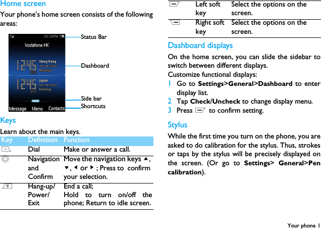 Your phone 1Home screenYour phone&rsquo;s home screen consists of the followingareas:KeysLearn about the main keys.Dashboard displaysOn the home screen, you can slide the sidebar toswitch between different displays.Customize functional displays:1Go to Settings>General>Dashboard to enterdisplay list.2Tap Check/Uncheck to change display menu.3Press L to confirm setting.StylusWhile the first time you turn on the phone, you areasked to do calibration for the stylus. Thus, strokesor taps by the stylus will be precisely displayed onthe screen. (Or go to Settings>  General>Pencalibration).Key Definition Function(Dial Make or answer a call.,Navigation and ConfirmMove the navigation keys +, -, < or > ; Press to  confirm your selection.)Hang-up/Power/ExitEnd a call; Hold to turn on/off thephone; Return to idle screen.Status BarShortcuts DashboardSide barLLeft soft keySelect the options on the screen.RRight soft keySelect the options on the screen.