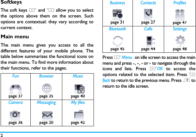 2SoftkeysThe soft keys L and R allow you to selectthe options above them on the screen. Suchoptions are contextual: they vary according tocurrent context.Main menuThe main menu gives you access to all thedifferent features of your mobile phone. Thetable below summarizes the functional icons onthe main menu. To find more information abouttheir functions, refer to the pages. Press L Menu  on idle screen to access the mainmenu and press +, -, < or > to navigate through theicons and lists. Press LOK to access theoptions related to the selected item. Press RBack to return to the previous menu. Press ) toreturn to the idle screen.Fun Browser Musicpage 37 page 35 page 40 Camera Messaging My filespage 36 page 20 page 42Business Contacts Profilespage 31 page 27 page 47Bluetooth Calls Settingspage 45 page 44 page 48