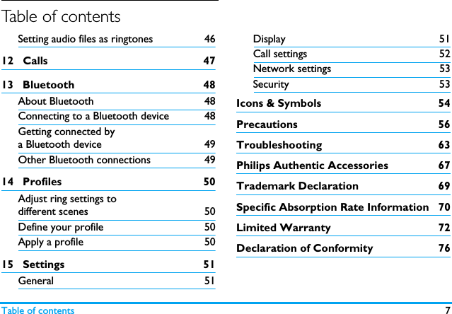Table of contents 7Table of contentsSetting audio files as ringtones 4612   Calls 4713   Bluetooth 48About Bluetooth 48Connecting to a Bluetooth device 48Getting connected by a Bluetooth device 49Other Bluetooth connections 4914   Profiles 50Adjust ring settings to different scenes 50Define your profile 50Apply a profile 5015   Settings 51General 51Display 51Call settings 52Network settings 53Security 53Icons &amp; Symbols  54Precautions 56Troubleshooting 63Philips Authentic Accessories  67Trademark Declaration  69Specific Absorption Rate Information  70Limited Warranty  72Declaration of Conformity  76