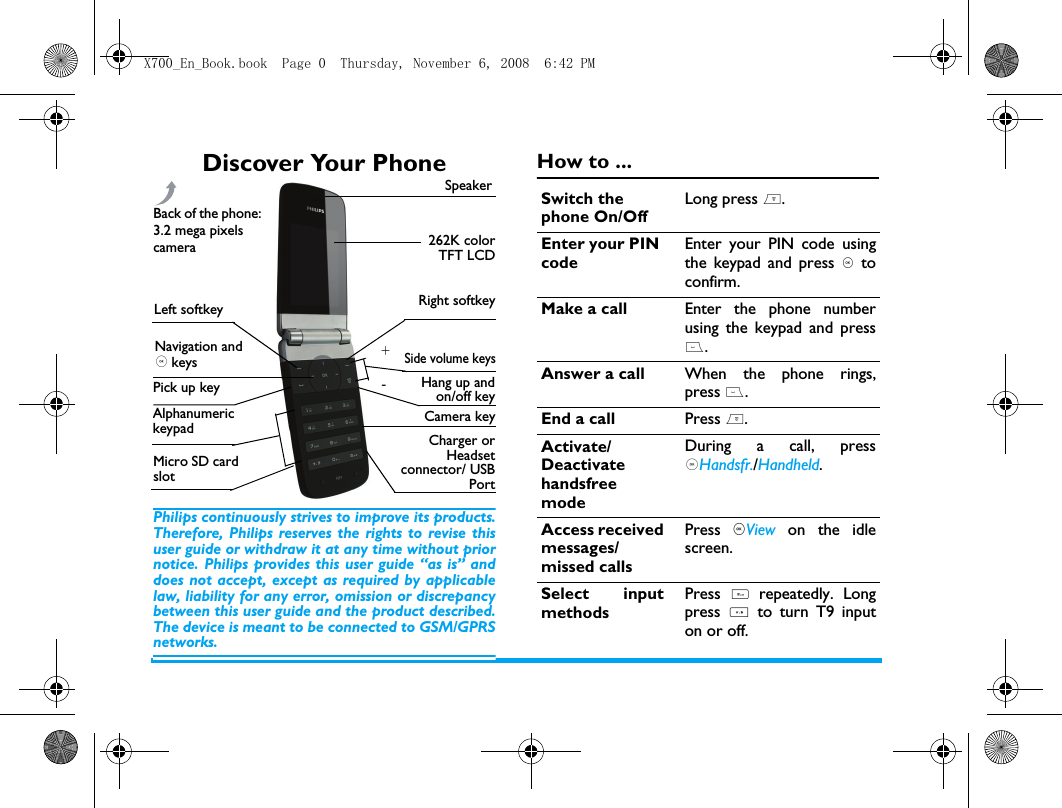 Discover Your PhonePhilips continuously strives to improve its products.Therefore, Philips reserves the rights to revise thisuser guide or withdraw it at any time without priornotice. Philips provides this user guide &ldquo;as is&rdquo; anddoes not accept, except as required by applicablelaw, liability for any error, omission or discrepancybetween this user guide and the product described.The device is meant to be connected to GSM/GPRSnetworks.How to ...Hang up andon/off keyAlphanumeric keypad Camera key+-Charger orHeadsetconnector/ USBPortNavigation and , keys262K colorTFT LCDSpeakerMicro SD cardslotLeft softkeyPick up keyBack of the phone: 3.2 mega pixels cameraRight softkeySide volume keysSwitch the phone On/OffLong press ).Enter your PIN codeEnter your PIN code usingthe keypad and press , toconfirm.Make a call Enter the phone numberusing the keypad and press(.Answer a call When the phone rings,press (.End a call Press ).Activate/DeactivatehandsfreemodeDuring a call, press,Handsfr./Handheld.Access receivedmessages/missed callsPress ,View on the idlescreen.Select inputmethodsPress # repeatedly. Longpress  * to turn T9 inputon or off. X700_En_Book.book  Page 0  Thursday, November 6, 2008  6:42 PM