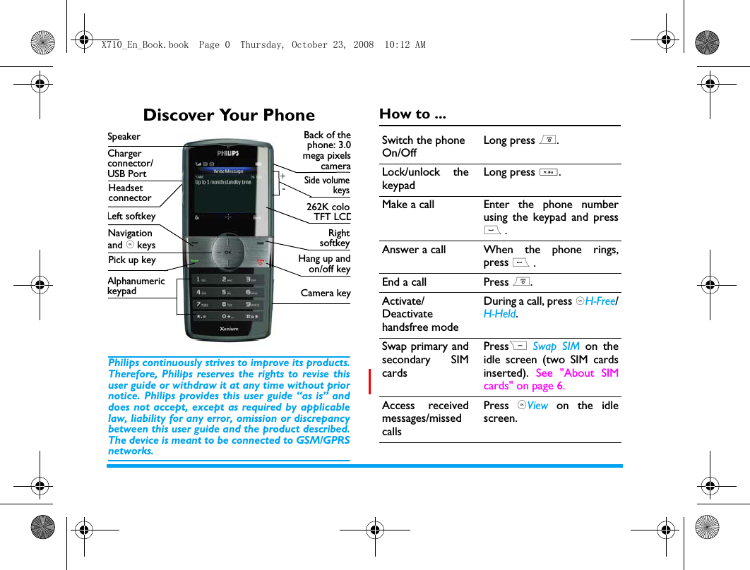 Discover Your PhonePhilips continuously strives to improve its products.Therefore, Philips reserves the rights to revise thisuser guide or withdraw it at any time without priornotice. Philips provides this user guide &ldquo;as is&rdquo; anddoes not accept, except as required by applicablelaw, liability for any error, omission or discrepancybetween this user guide and the product described.The device is meant to be connected to GSM/GPRSnetworks.How to ...Hang up andon/off keyAlphanumeric keypadLeft softkeyCamera keyBack of thephone: 3.0mega pixelscamera+Pick up key-RightsoftkeySide volumekeysHeadset connectorSpeakerCharger connector/USB PortNavigation and , keys262K coloTFT LCDSwitch the phone On/OffLong press ).Lock/unlock thekeypadLong press *.Make a call Enter the phone numberusing the keypad and press( .Answer a call When the phone rings,press ( .End a call Press ).Activate/Deactivatehandsfree modeDuring a call, press ,H-Free/H-Held.Swap primary andsecondary SIMcards PressR Swap SIM on theidle screen (two SIM cardsinserted).  See "About SIMcards" on page 6.Access receivedmessages/missedcallsPress ,View on the idlescreen.X710_En_Book.book  Page 0  Thursday, October 23, 2008  10:12 AM
