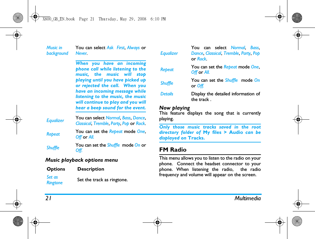 21 MultimediaMusic playback options menuNow playingThis feature displays the song that is currentlyplaying. Only those music tracks saved in the rootdirectory folder of My files > Audio can bedisplayed on Tracks.FM RadioThis menu allows you to listen to the radio on yourphone.  Connect the headset connector to yourphone. When listening the radio,  the radiofrequency and volume will appear on the screen. Music in backgroundYou can select Ask  First, Always orNever.When you have an incomingphone call while listening to themusic, the music will stopplaying until you have picked upor rejected the call.  When youhave an incoming message whilelistening to the music, the musicwill continue to play and you willhear a beep sound for the event.Equalizer You can select Normal, Bass, Dance,Classical, Tremble, Party, Pop or Rock.Repeat You can set the Repeat mode One,Off or All.Shuffle You can set the Shuffle  mode On orOff.Options DescriptionSet as Ringtone  Set the track as ringtone.EqualizerYou can select Normal,  Bass,Dance, Classical, Tremble, Party, Popor Rock.Repeat You can set the Repeat mode One,Off or All.Shuffle You can set the Shuffle  mode Onor Off.Details Display the detailed information ofthe track .X800_GB_EN.book  Page 21  Thursday, May 29, 2008  6:10 PM