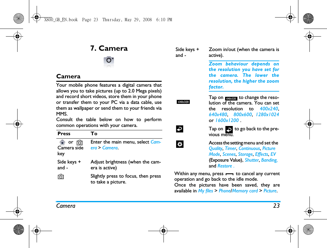 Camera 237. CameraCamera Your mobile phone features a digital camera thatallows you to take pictures (up to 2.0 Mega pixels)and record short videos, store them in your phoneor transfer them to your PC via a data cable, usethem as wallpaper or send them to your friends viaMMS.Consult the table below on how to performcommon operations with your camera.Within any menu, press   to cancel any currentoperation and go back to the idle mode. Once the pictures have been saved, they areavailable in My files > Phone/Memory card > Picture. Press To   or     Camera side keyEnter the main menu, select Cam-era > Camera. Side keys + and -Adjust brightness (when the cam-era is active)Slightly press to focus, then pressto take a picture.Side keys + and -Zoom in/out (when the camera isactive).Zoom behaviour depends onthe resolution you have set forthe camera. The lower theresolution, the higher the zoomfactor.Tap on   to change the reso-lution of the camera. You can setthe resolution to 400x240,640x480,  800x600,  1280x1024or 1600x1200 .Tap on   to go back to the pre-vious menu.Access the setting menu and set the Quality, Timer, Continuous, Picture Mode, Scenes, Storage, Effects, EV (Exposure Value), Shutter, Banding, and Restore . X800_GB_EN.book  Page 23  Thursday, May 29, 2008  6:10 PM