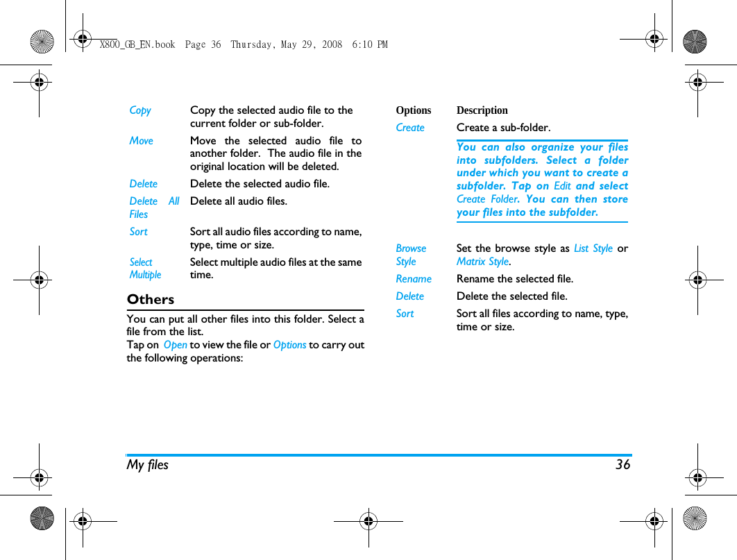 My files 36OthersYou can put all other files into this folder. Select afile from the list. Tap on  Open to view the file or Options to carry outthe following operations:Copy Copy the selected audio file to the current folder or sub-folder. Move Move the selected audio file toanother folder.  The audio file in theoriginal location will be deleted.Delete Delete the selected audio file.Delete AllFilesDelete all audio files.Sort Sort all audio files according to name,type, time or size.SelectMultipleSelect multiple audio files at the sametime.Options DescriptionCreate  Create a sub-folder. You can also organize your filesinto subfolders. Select a folderunder which you want to create asubfolder. Tap on Edit and selectCreate Folder. You can then storeyour files into the subfolder.BrowseStyleSet the browse style as List Style orMatrix Style.Rename Rename the selected file.Delete Delete the selected file.Sort Sort all files according to name, type,time or size.X800_GB_EN.book  Page 36  Thursday, May 29, 2008  6:10 PM