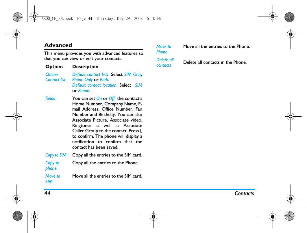 44 ContactsAdvancedThis menu provides you with advanced features sothat you can view or edit your contacts.Options DescriptionChoose Contact listDefault contact list:  Select SIM Only,Phone Only or Both.Default contact location: Select  SIMor Phone.Fields You can set On or Off  the contact&rsquo;sHome Number, Company Name, E-mail Address, Office Number, FaxNumber and Birthday. You can alsoAssociate Picture, Associate video,Ringtones as well as AssociateCaller Group to the contact. Press Lto confirm. The phone will display anotification to confirm that thecontact has been saved.Copy to SIM Copy all the entries to the SIM card.Copy to phoneCopy all the entries to the Phone.Move to SIMMove all the entries to the SIM card.Move to PhoneMove all the entries to the Phone.Delete all contacts Delete all contacts in the Phone.X800_GB_EN.book  Page 44  Thursday, May 29, 2008  6:10 PM