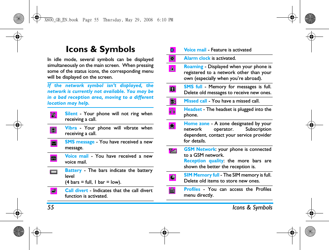 55 Icons &amp; SymbolsIcons &amp; SymbolsIn idle mode, several symbols can be displayedsimultaneously on the main screen.  When pressingsome of the status icons, the corresponding menuwill be displayed on the screen. If the network symbol isn&rsquo;t displayed, thenetwork is currently not available. You may bein a bad reception area, moving to a differentlocation may help.Silent - Your phone will not ring whenreceiving a call. Vibra - Your phone will vibrate whenreceiving a call.SMS message - You have received a newmessage.Voice mail - You have received a newvoice mail.Battery - The bars indicate the batterylevel (4 bars = full, 1 bar = low).Call divert - Indicates that the call divertfunction is activated.Voice mail - Feature is activatedAlarm clock is activated.Roaming - Displayed when your phone isregistered to a network other than yourown (especially when you&rsquo;re abroad).SMS full - Memory for messages is full.Delete old messages to receive new ones.Missed call - You have a missed call.Headset - The headset is plugged into thephone.Home zone - A zone designated by yournetwork operator. Subscriptiondependent, contact your service providerfor details.GSM Network: your phone is connectedto a GSM network.Reception quality: the more bars areshown the better the reception is.SIM Memory full - The SIM memory is full.Delete old items to store new ones.Profiles - You can access the Profilesmenu directly.X800_GB_EN.book  Page 55  Thursday, May 29, 2008  6:10 PM