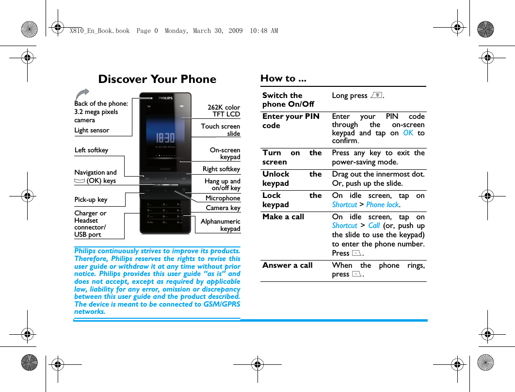 Discover Your PhonePhilips continuously strives to improve its products.Therefore, Philips reserves the rights to revise thisuser guide or withdraw it at any time without priornotice. Philips provides this user guide &ldquo;as is&rdquo; anddoes not accept, except as required by applicablelaw, liability for any error, omission or discrepancybetween this user guide and the product described.The device is meant to be connected to GSM/GPRSnetworks.How to ...Hang up andon/off keyAlphanumerickeypadCamera keyNavigation and O (OK) keys262K colorTFT LCDLeft softkeyPick-up keyBack of the phone: 3.2 mega pixels cameraRight softkeyCharger or Headset connector/ USB portOn-screenkeypadMicrophoneTouch screenslideLight sensorSwitch the phone On/OffLong press )..Enter your PIN codeEnter your PIN codethrough the on-screenkeypad and tap on OK toconfirm.Turn on thescreenPress any key to exit thepower-saving mode. Unlock thekeypadDrag out the innermost dot.Or, push up the slide.  Lock thekeypadOn idle screen, tap onShortcut > Phone lock.Make a call On idle screen, tap onShortcut  > Call  (or, push upthe slide to use the keypad)to enter the phone number.Press (.Answer a call When the phone rings,press (.X810_En_Book.book  Page 0  Monday, March 30, 2009  10:48 AM