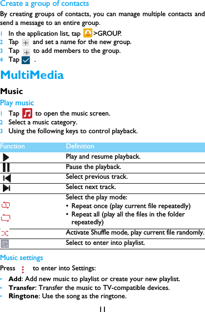 11Create a group of contactsBy creating groups of contacts, you can manage multiple contacts andsend a message to an entire group.1In the application list, tap  >GROUP.2Tap   and set a name for the new group.3Tap       to add members to the group.4Tap        .MultiMediaMusicPlay music1Tap  tto open the music screen.2Select a music category.3Using the following keys to control playback.Music settingsPress   to enter into Settings:&bull;Add: Add new music to playlist or create your new playlist.&bull;Transfer: Transfer the music to TV-compatible devices.&bull;Ringtone: Use the song as the ringtone.Function DefinitionPlay and resume playback.Pause the playback.Select previous track.Select next track.Select the play mode:&bull; Repeat once (play current file repeatedly)&bull; Repeat all (play all the files in the folder repeatedly)Activate Shuffle mode, play current file randomly.Select to enter into playlist.