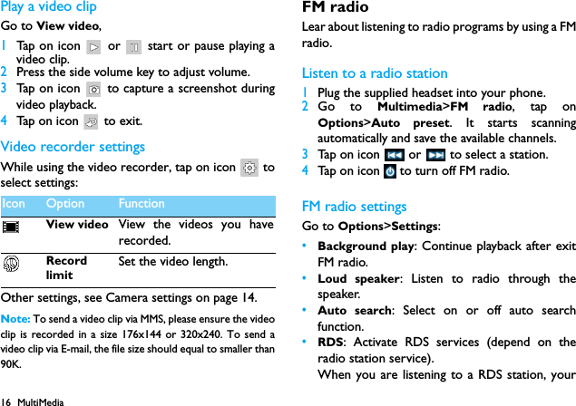 16 MultiMediaPlay a video clipGo to View video,1Tap on icon   or   start or pause playing avideo clip.2Press the side volume key to adjust volume.3Tap on icon   to capture a screenshot duringvideo playback.4Tap on icon   to exit.Video recorder settingsWhile using the video recorder, tap on icon   toselect settings:Other settings, see Camera settings on page 14.Note: To send a video clip via MMS, please ensure the videoclip is recorded in a size 176x144 or 320x240. To send avideo clip via E-mail, the file size should equal to smaller than90K.FM radioLear about listening to radio programs by using a FMradio.Listen to a radio station1Plug the supplied headset into your phone.2Go to Multimedia>FM radio, tap onOptions>Auto preset. It starts scanningautomatically and save the available channels.3Tap on icon   or   to select a station.4Tap on icon   to turn off FM radio.FM radio settingsGo to Options>Settings:&bull;Background play: Continue playback after exitFM radio.&bull;Loud speaker: Listen to radio through thespeaker.&bull;Auto search: Select on or off auto searchfunction.&bull;RDS: Activate RDS services (depend on theradio station service).When you are listening to a RDS station, yourIcon Option FunctionView video View the videos you haverecorded.RecordlimitSet the video length.
