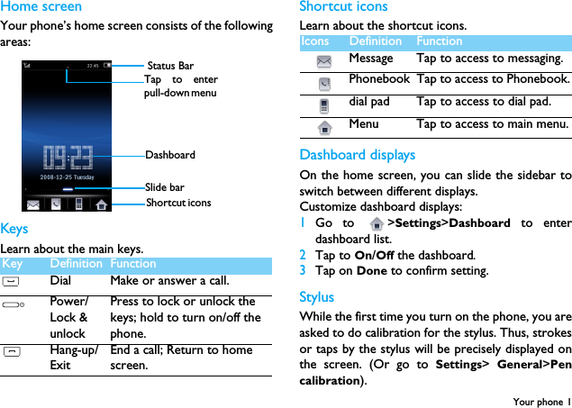 Your phone 1Home screenYour phone&rsquo;s home screen consists of the followingareas:KeysLearn about the main keys.Shortcut iconsLearn about the shortcut icons.Dashboard displaysOn the home screen, you can slide the sidebar toswitch between different displays.Customize dashboard displays:1Go to  >Settings>Dashboard to enterdashboard list.2Tap to On/Off the dashboard.3Tap on Done to confirm setting.StylusWhile the first time you turn on the phone, you areasked to do calibration for the stylus. Thus, strokesor taps by the stylus will be precisely displayed onthe screen. (Or go to Settings>  General>Pencalibration).Key Definition Function(Dial Make or answer a call.*Power/Lock &amp; unlockPress to lock or unlock the keys; hold to turn on/off the phone. )Hang-up/ExitEnd a call; Return to home screen. Status Bar Shortcut icons Slide barTap to enterpull-down menu DashboardIcons Definition FunctionMessage Tap to access to messaging.Phonebook Tap to access to Phonebook.dial pad Tap to access to dial pad.Menu Tap to access to main menu.