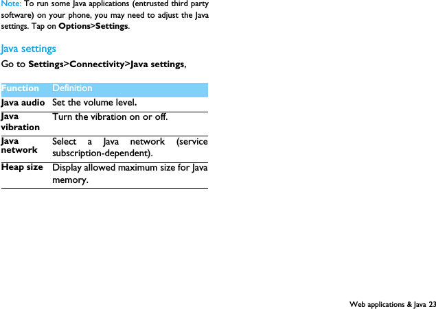 Web applications &amp; Java 23Note: To run some Java applications (entrusted third partysoftware) on your phone, you may need to adjust the Javasettings. Tap on Options>Settings.Java settingsGo to Settings>Connectivity>Java settings,Function Definition Java audio Set the volume level.JavavibrationTurn the vibration on or off.JavanetworkSelect a Java network (servicesubscription-dependent).Heap size Display allowed maximum size for Javamemory.