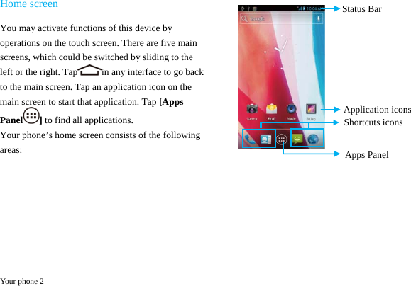  Your phone 2  Home screen You may activate functions of this device by operations on the touch screen. There are five main screens, which could be switched by sliding to the left or the right. Tap in any interface to go back to the main screen. Tap an application icon on the main screen to start that application. Tap [Apps Panel ] to find all applications. Your phone&rsquo;s home screen consists of the following areas:                Status BarApplication icons Apps Panel Shortcuts icons 