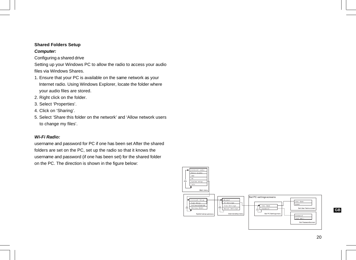 20GBShared Folders SetupComputer:Configuring a shared driveSetting up your Windows PC to allow the radio to access your audiofiles via Windows Shares.1. Ensure that your PC is available on the same network as your    Internet radio. Using Windows Explorer, locate the folder where    your audio files are stored.2. Right click on the folder.3. Select ‘Properties’.4. Click on ‘Sharing’.5. Select ‘Share this folder on the network’ and ‘Allow network users    to change my files’.Wi-Fi Radio:username and password for PC if one has been set After the sharedfolders are set on the PC, set up the radio so that it knows theusername and password (if one has been set) for the shared folderon the PC. The direction is shown in the figure below: