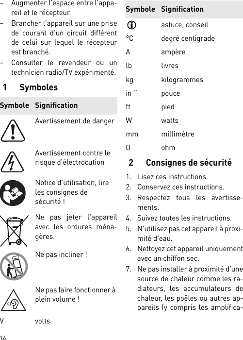        16– Augmenter l&apos;espace entre l&apos;appa-reil et le récepteur.– Brancher l&apos;appareil sur une prisede courant d&apos;un circuit différentde celui sur lequel le récepteurest branché.– Consulter le revendeur ou untechnicien radio/TV expérimenté.1Symboles2 Consignes de sécurité1. Lisez ces instructions.2. Conservez ces instructions.3. Respectez tous les avertisse-ments.4. Suivez toutes les instructions.5. N&apos;utilisez pas cet appareil à proxi-mité d&apos;eau.6. Nettoyez cet appareil uniquementavec un chiffon sec.7. Ne pas installer à proximité d&apos;unesource de chaleur comme les ra-diateurs, les accumulateurs dechaleur, les poêles ou autres ap-pareils (y compris les amplifica-Symbole SignificationAvertissement de dangerAvertissement contre le risque d&apos;électrocutionNotice d&apos;utilisation, lire les consignes de sécurité !Ne pas jeter l&apos;appareilavec les ordures ména-gères.Ne pas incliner !Ne pas faire fonctionner à plein volume !Vvoltsastuce, conseil°C degré centigradeAampèrelb livreskg kilogrammesin ’’ pouceft piedWwattsmm millimètreΩohmSymbole Signification