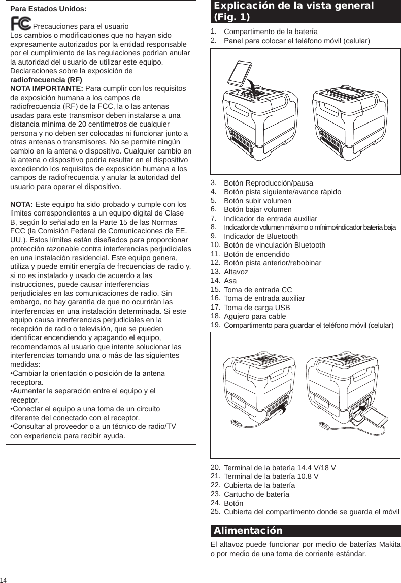 14 Explicación de la vista general  (Fig. 1) 1.2.3.4.5.6.7.8.9.10.11.12.13.14.15.16.17.18.19.20.21.22.23.24.25. AlimentaciónEl altavoz puede funcionar por medio de baterías Makita o por medio de una toma de corriente estándar.Compartimento de la bateríaPanel para colocar el teléfono móvil (celular) Botón Reproducción/pausaBotón pista siguiente/avance rápidoBotón subir volumenBotón bajar volumen Indicador de entrada auxiliarIndicador de volumen máximo o mínimo/indicador batería bajaIndicador de BluetoothBotón de vinculación BluetoothBotón de encendidoBotón pista anterior/rebobinarAltavozAsaToma de entrada CCToma de entrada auxiliarToma de carga USBAgujero para cableCompartimento para guardar el teléfono móvil (celular) Terminal de la batería 14.4 V/18 V Terminal de la batería 10.8 V Cubierta de la bateríaCartucho de bateríaBotónCubierta del compartimento donde se guarda el móvilPara Estados Unidos:           Precauciones para el usuarioLos cambios o modicaciones que no hayan sido expresamente autorizados por la entidad responsable por el cumplimiento de las regulaciones podrían anular la autoridad del usuario de utilizar este equipo. Declaraciones sobre la exposición deradiofrecuencia (RF)NOTA IMPORTANTE: Para cumplir con los requisitos de exposición humana a los campos deradiofrecuencia (RF) de la FCC, la o las antenas  usadas para este transmisor deben instalarse a una distancia mínima de 20 centímetros de cualquier persona y no deben ser colocadas ni funcionar junto a otras antenas o transmisores. No se permite ningún cambio en la antena o dispositivo. Cualquier cambio en la antena o dispositivo podría resultar en el dispositivo excediendo los requisitos de exposición humana a los campos de radiofrecuencia y anular la autoridad del usuario para operar el dispositivo.NOTA: Este equipo ha sido probado y cumple con los límites correspondientes a un equipo digital de Clase B, según lo señalado en la Parte 15 de las Normas FCC (la Comisión Federal de Comunicaciones de EE. UU.). Estos límites están diseñados para proporcionar protección razonable contra interferencias perjudiciales en una instalación residencial. Este equipo genera, utiliza y puede emitir energía de frecuencias de radio y, si no es instalado y usado de acuerdo a las instrucciones, puede causar interferencias perjudiciales en las comunicaciones de radio. Sin embargo, no hay garantía de que no ocurrirán las interferencias en una instalación determinada. Si este equipo causa interferencias perjudiciales en larecepción de radio o televisión, que se pueden identicar encendiendo y apagando el equipo, recomendamos al usuario que intente solucionar las interferencias tomando una o más de las siguientes medidas:•Cambiar la orientación o posición de la antena receptora.•Aumentar la separación entre el equipo y el receptor.•Conectar el equipo a una toma de un circuito diferente del conectado con el receptor.•Consultar al proveedor o a un técnico de radio/TVcon experiencia para recibir ayuda.