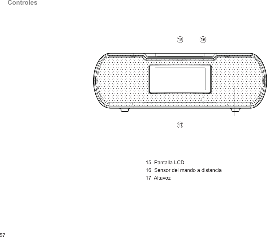 57Controles15. Pantalla LCD16. Sensor del mando a distancia17. Altavoz