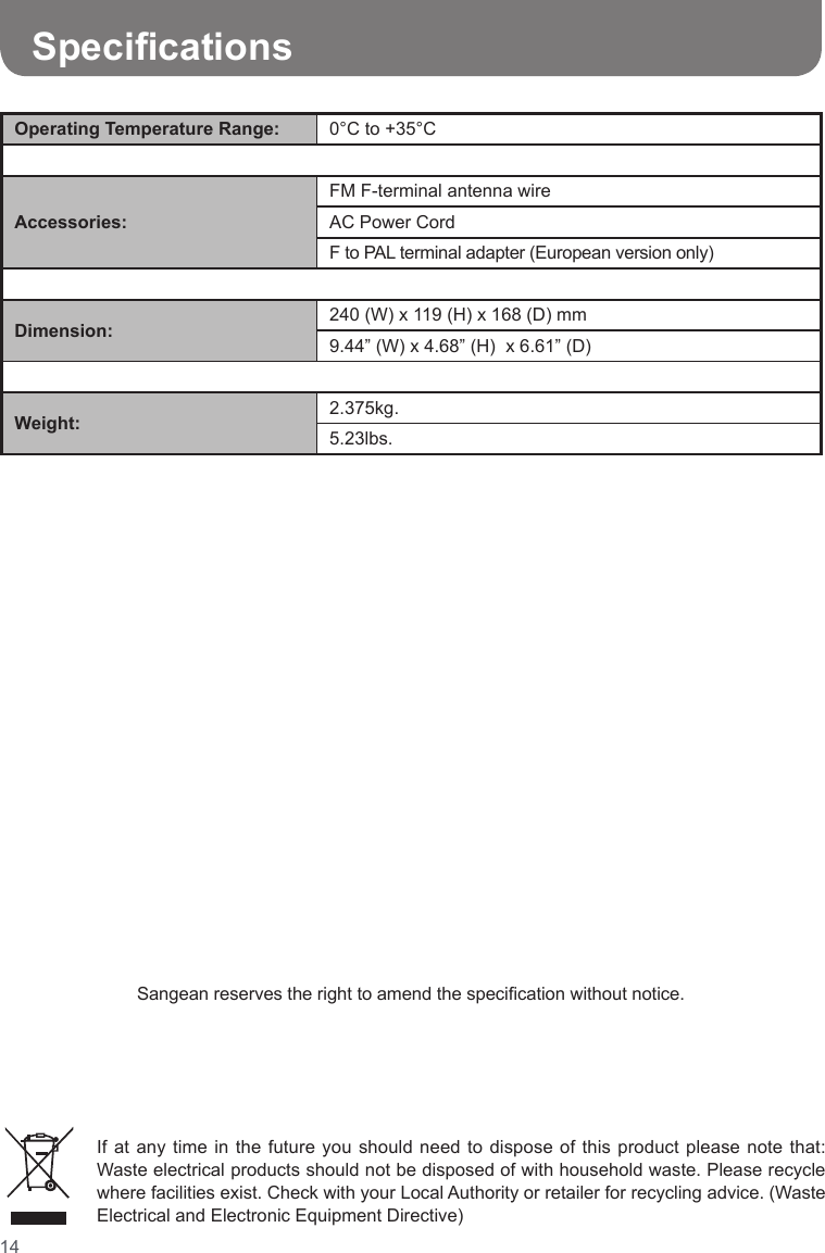 14If at any time in the future you should need to dispose of this product please note that: Waste electrical products should not be disposed of with household waste. Please recycle where facilities exist. Check with your Local Authority or retailer for recycling advice. (Waste Electrical and Electronic Equipment Directive)Operating Temperature Range:  0°C to +35°CAccessories:FM F-terminal antenna wireAC Power CordF to PAL terminal adapter (European version only)Dimension:  240 (W) x 119 (H) x 168 (D) mm9.44” (W) x 4.68” (H)  x 6.61” (D)Weight: 2.375kg.5.23lbs.Sangean reserves the right to amend the specication without notice.Specications