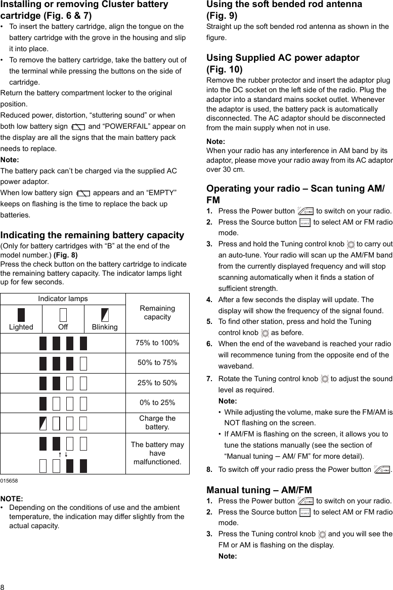 8Installing or removing Cluster battery cartridge (Fig. 6 &amp; 7)• To insert the battery cartridge, align the tongue on the battery cartridge with the grove in the housing and slip it into place.• To remove the battery cartridge, take the battery out of the terminal while pressing the buttons on the side of cartridge.Return the battery compartment locker to the original position.Reduced power, distortion, “stuttering sound” or when both low battery sign   and “POWERFAIL” appear on the display are all the signs that the main battery pack needs to replace.Note:The battery pack can’t be charged via the supplied AC power adaptor.When low battery sign   appears and an “EMPTY” keeps on flashing is the time to replace the back up batteries.Indicating the remaining battery capacity(Only for battery cartridges with “B” at the end of the model number.) (Fig. 8)Press the check button on the battery cartridge to indicate the remaining battery capacity. The indicator lamps light up for few seconds.015658NOTE:• Depending on the conditions of use and the ambient temperature, the indication may differ slightly from the actual capacity.Using the soft bended rod antenna (Fig. 9)Straight up the soft bended rod antenna as shown in the figure.Using Supplied AC power adaptor (Fig. 10)Remove the rubber protector and insert the adaptor plug into the DC socket on the left side of the radio. Plug the adaptor into a standard mains socket outlet. Whenever the adaptor is used, the battery pack is automatically disconnected. The AC adaptor should be disconnected from the main supply when not in use.Note:When your radio has any interference in AM band by its adaptor, please move your radio away from its AC adaptor over 30 cm.Operating your radio – Scan tuning AM/FM1. Press the Power button   to switch on your radio.2. Press the Source button   to select AM or FM radio mode.3. Press and hold the Tuning control knob   to carry out an auto-tune. Your radio will scan up the AM/FM band from the currently displayed frequency and will stop scanning automatically when it finds a station of sufficient strength.4. After a few seconds the display will update. The display will show the frequency of the signal found.5. To find other station, press and hold the Tuning control knob   as before.6. When the end of the waveband is reached your radio will recommence tuning from the opposite end of the waveband.7. Rotate the Tuning control knob   to adjust the sound level as required.Note:• While adjusting the volume, make sure the FM/AM is NOT flashing on the screen.• If AM/FM is flashing on the screen, it allows you to tune the stations manually (see the section of “Manual tuning – AM/ FM” for more detail).8. To switch off your radio press the Power button  .Manual tuning – AM/FM1. Press the Power button   to switch on your radio.2. Press the Source button   to select AM or FM radio mode.3. Press the Tuning control knob   and you will see the FM or AM is flashing on the display.Note:Indicator lampsRemaining capacityLighted Off Blinking75% to 100%50% to 75%25% to 50%0% to 25%Charge the battery.The battery may have malfunctioned.