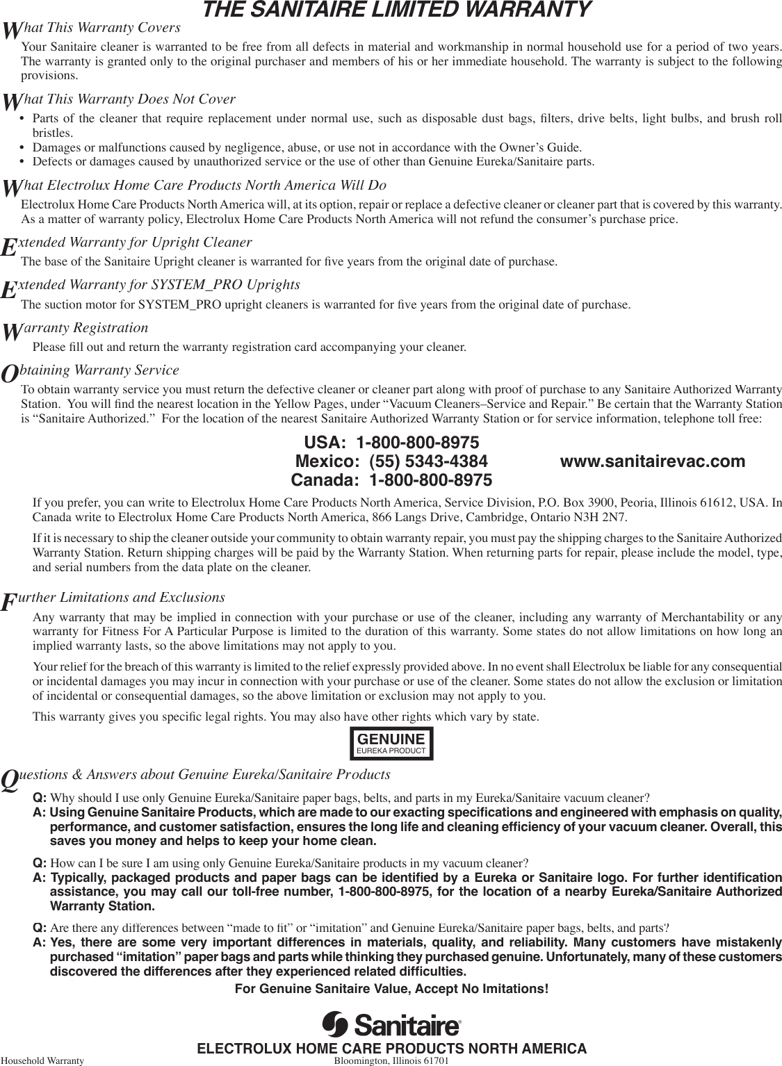 Page 7 of 7 - Sanitaire Sanitaire-S634-Users-Manual- 75325 Sanitaire_Pro  Sanitaire-s634-users-manual