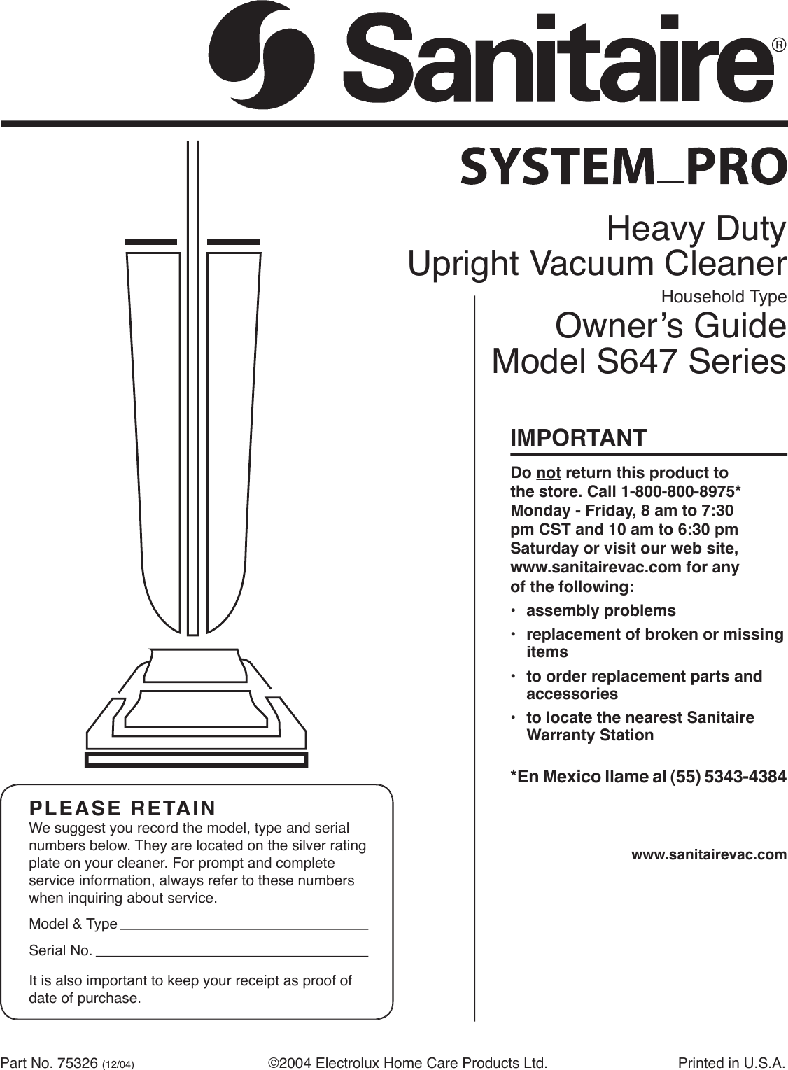 Page 1 of 7 - Sanitaire Sanitaire-S647-Series-Users-Manual- 75326 Sanitaire_Pro  Sanitaire-s647-series-users-manual