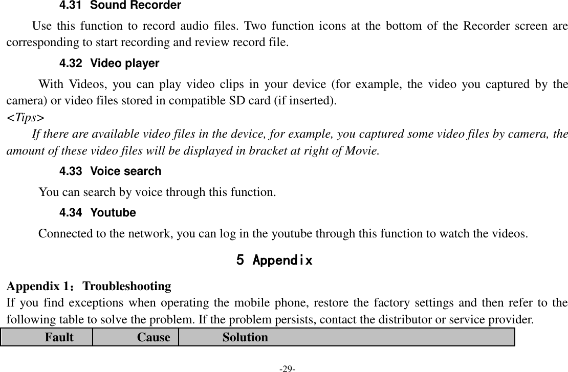 -29- 4.31  Sound Recorder Use this function to record  audio files. Two function icons  at the bottom of the Recorder screen are corresponding to start recording and review record file. 4.32  Video player With Videos,  you  can play video  clips  in  your  device  (for  example, the video  you captured  by the camera) or video files stored in compatible SD card (if inserted). &lt;Tips&gt; If there are available video files in the device, for example, you captured some video files by camera, the amount of these video files will be displayed in bracket at right of Movie. 4.33  Voice search      You can search by voice through this function. 4.34  Youtube Connected to the network, you can log in the youtube through this function to watch the videos. 5 Appendix Appendix 1：Troubleshooting If you find exceptions when operating the mobile phone, restore the factory settings and then refer to the following table to solve the problem. If the problem persists, contact the distributor or service provider. Fault Cause Solution 