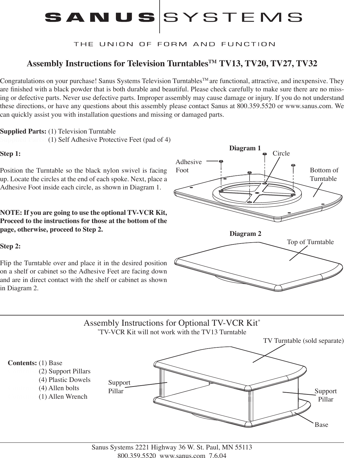 Page 1 of 2 - Sanus-Systems Sanus-Systems-Television-Turntables-Tv-Vcr-Users-Manual- TVTurntable_TVVCRins_070604 Sanus-systems-television-turntables-tv-vcr-users-manual
