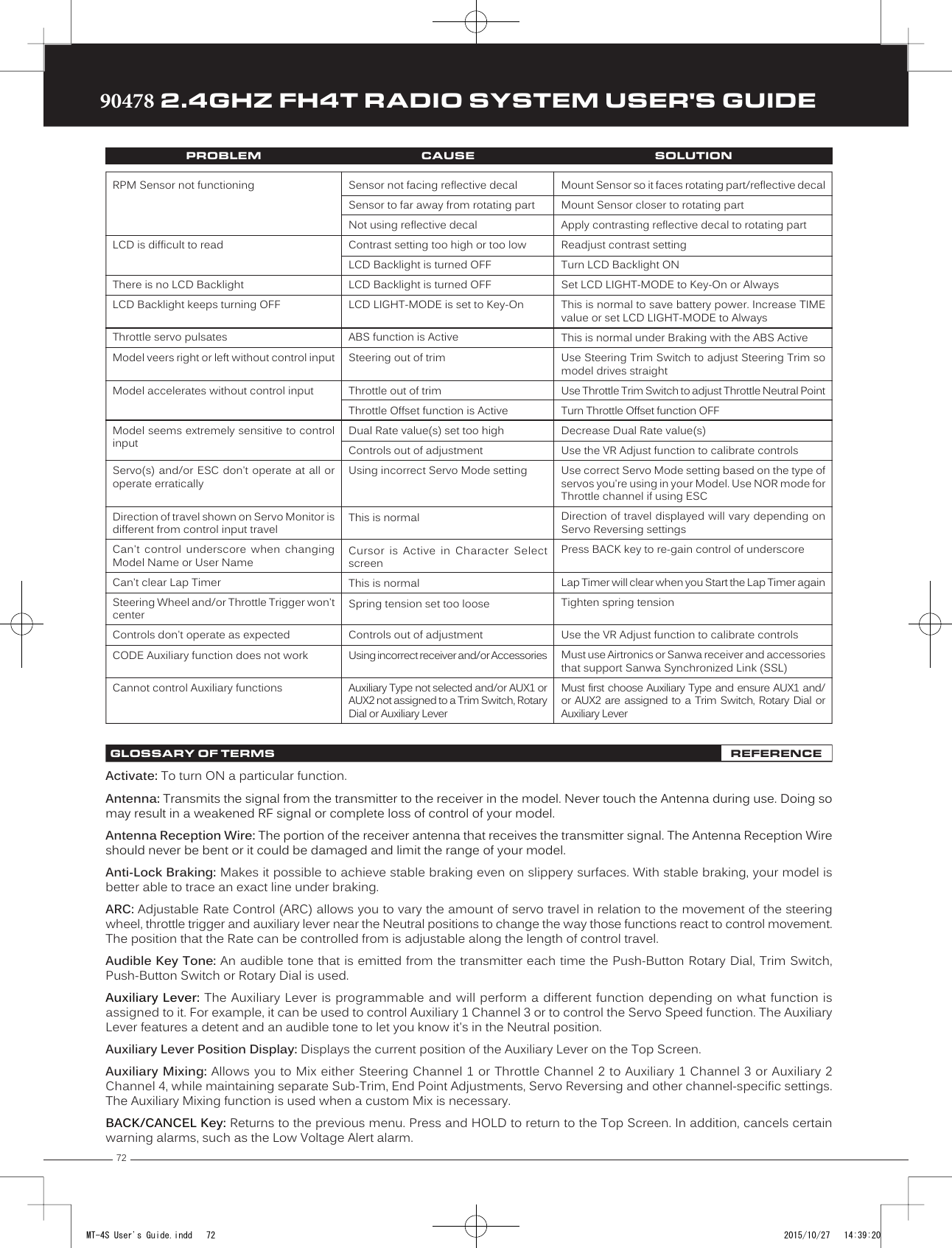 7290478 2.4GHZ FH4T RADIO SYSTEM USER&apos;S GUIDETRTRTRRPM Sensor not functioningLCD is difficult to readThere is no LCD Backlight LCD Backlight keeps turning OFFThrottle servo pulsatesModel veers right or left without control inputModel accelerates without control inputModel seems extremely sensitive to control inputServo(s) and/or  ESC don&apos;t operate at all  or operate erraticallyDirection of travel shown on Servo Monitor is different from control input travelCan&apos;t  control  underscore  when  changing Model Name or User NameCan&apos;t clear Lap TimerSteering Wheel and/or Throttle Trigger won&apos;t centerControls don&apos;t operate as expectedCODE Auxiliary function does not workCannot control Auxiliary functionsSensor not facing reflective decalSensor to far away from rotating partNot using reflective decalContrast setting too high or too lowLCD Backlight is turned OFFLCD Backlight is turned OFFLCD LIGHT-MODE is set to Key-OnABS function is ActiveSteering out of trimThrottle out of trimThrottle Offset function is ActiveDual Rate value(s) set too highControls out of adjustmentUsing incorrect Servo Mode settingThis is normalCursor  is  Active  in  Character  Select screenThis is normalSpring tension set too looseControls out of adjustmentUsing incorrect receiver and/or AccessoriesAuxiliary Type not selected and/or AUX1 or AUX2 not assigned to a Trim Switch, Rotary Dial or Auxiliary LeverPROBLEMMount Sensor so it faces rotating part/reflective decalMount Sensor closer to rotating partApply contrasting reflective decal to rotating partReadjust contrast settingTurn LCD Backlight ONSet LCD LIGHT-MODE to Key-On or AlwaysThis is normal to save battery power. Increase TIME value or set LCD LIGHT-MODE to AlwaysThis is normal under Braking with the ABS ActiveUse Steering Trim Switch to adjust Steering Trim so model drives straightUse Throttle Trim Switch to adjust Throttle Neutral PointTurn Throttle Offset function OFFDecrease Dual Rate value(s)Use the VR Adjust function to calibrate controlsUse correct Servo Mode setting based on the type of servos you&apos;re using in your Model. Use NOR mode for Throttle channel if using ESCDirection of travel displayed will vary depending on Servo Reversing settingsPress BACK key to re-gain control of underscoreLap Timer will clear when you Start the Lap Timer againTighten spring tensionUse the VR Adjust function to calibrate controlsMust use Airtronics or Sanwa receiver and accessories that support Sanwa Synchronized Link (SSL)Must first choose Auxiliary Type and ensure AUX1 and/or AUX2 are assigned to  a  Trim  Switch,  Rotary  Dial  or Auxiliary LeverCAUSE SOLUTIONGLOSSARY OF TERMS REFERENCEActivate: To turn ON a particular function.Antenna: Transmits the signal from the transmitter to the receiver in the model. Never touch the Antenna during use. Doing so may result in a weakened RF signal or complete loss of control of your model.Antenna Reception Wire: The portion of the receiver antenna that receives the transmitter signal. The Antenna Reception     Wire should never be bent or it could be damaged and limit the range of your model .Anti-Lock Braking: Makes it possible to achieve stable braking even on slippery surfaces. With stable braking, your model is better able to trace an exact line under braking.ARC: Adjustable Rate Control (ARC) allows       you to vary the amount of servo travel in relation to the movement of the steering wheel, throttle trigger and auxiliary lever near the Neutral positions to change the way those functions react to control movement. The position that the Rate can be controlled from is adjustable along the length of control travel. Audible Key Tone: An audible tone that is emitted from the transmitter each time the Push-Button Rotary Dial, Trim Switch, Push-Button Switch or Rotary Dial is used.Auxiliary Lever: The Auxiliary Lever is programmable and will perform a different function depending on what function is assigned to it. For example, it can be used to control Auxiliary 1 Channel 3 or to control the Servo Speed function. The Auxiliary Lever features a detent and an audible tone to let you know it&apos;s in the Neutral position.Auxiliary Lever Position Display: Displays the current position of the Auxiliary Lever on the Top Screen.Auxiliary Mixing: Allows you to Mix either Steering Channel 1 or Throttle Channel 2 to Auxiliary 1 Channel 3 or Auxiliary 2 Channel 4, while maintaining separate Sub-Trim, End Point Adjustments, Servo Reversing and other channel-specific settings. The Auxiliary Mixing function is used when a custom Mix is necessary.BACK/CANCEL Key: Returns  to the previous menu. Press and HOLD to return to the Top Screen. In addition, cancels certain warning alarms, such as the Low Voltage Alert alarm.MT-4S User&apos;s Guide.indd   72 2015/10/27   14:39:20