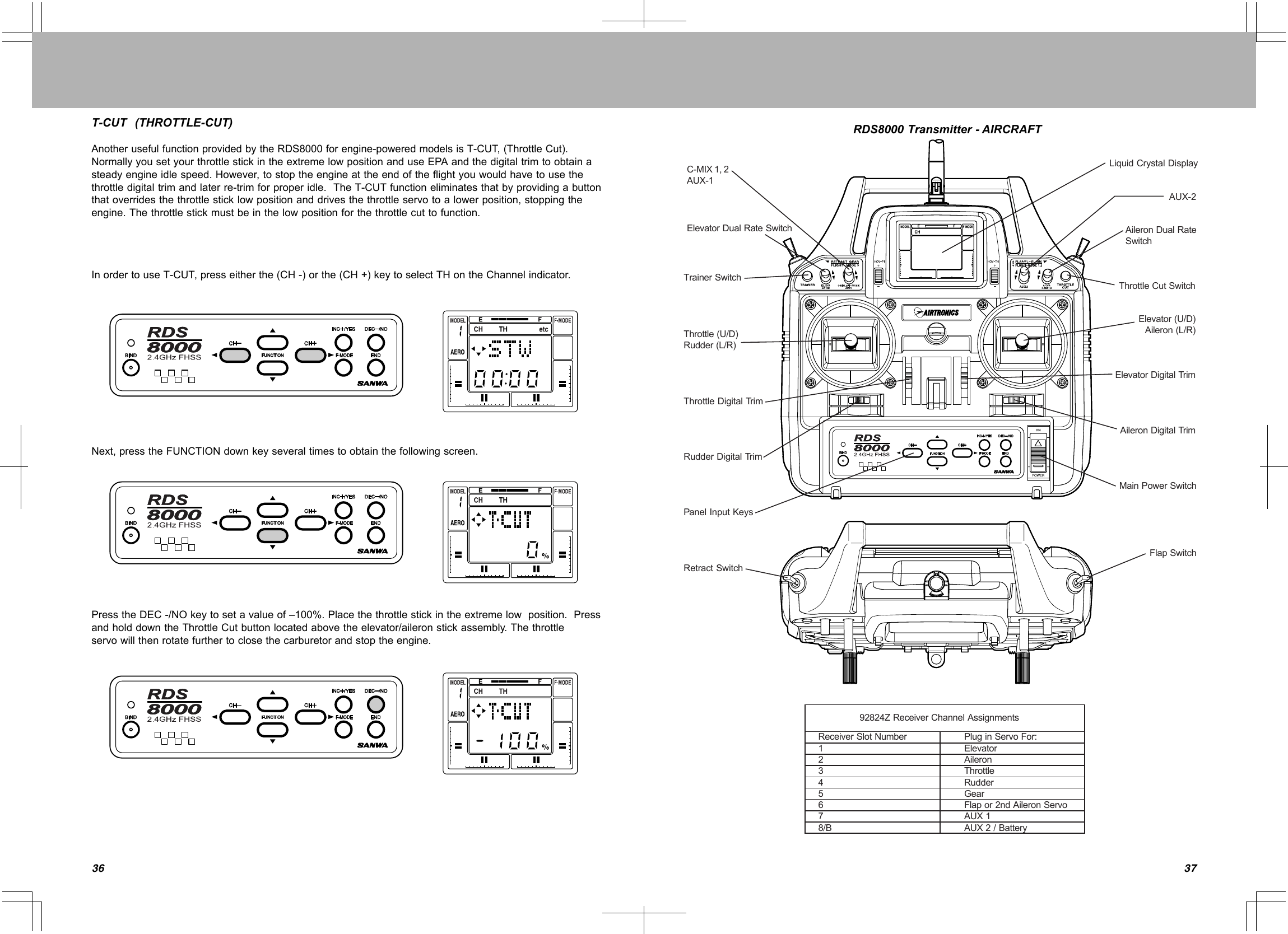 3736T-CUT(THROTTLE-CUT)AnotherusefulfunctionprovidedbytheRDS8000forengine-poweredmodelsisT-CUT,(ThrottleCut).NormallyyousetyourthrottlestickintheextremelowpositionanduseEPAandthedigitaltrimtoobtainasteadyengineidlespeed.However,tostoptheengineattheendoftheflightyouwouldhavetousethethrottledigitaltrimandlaterre-trimforproperidle.TheT-CUTfunctioneliminatesthatbyprovidingabuttonthatoverridesthethrottlesticklowpositionanddrivesthethrottleservotoalowerposition,stoppingtheengine.Thethrottlestickmustbeinthelowpositionforthethrottlecuttofunction.InordertouseT-CUT,presseitherthe(CH-)orthe(CH+)keytoselectTHontheChannelindicator.Next,presstheFUNCTIONdownkeyseveraltimestoobtainthefollowingscreen.PresstheDEC-/NOkeytosetavalueof–100%.Placethethrottlestickintheextremelowposition.PressandholddowntheThrottleCutbuttonlocatedabovetheelevator/aileronstickassembly.Thethrottleservowillthenrotatefurthertoclosethecarburetorandstoptheengine.RDS8000Transmitter-AIRCRAFTC-MIX1,2AUX-1ElevatorDualRateSwitchTrainerSwitchThrottle(U/D)Rudder(L/R)ThrottleDigitalTrimRudderDigitalTrimPanelInputKeysRetractSwitchLiquidCrystalDisplayAUX-2AileronDualRateSwitchThrottleCutSwitchMainPowerSwitchFlapSwitchElevatorDigitalTrimAileronDigitalTrimElevator(U/D)Aileron(L/R)92824ZReceiverChannelAssignmentsReceiverSlotNumber12345678/BPluginServoFor:ElevatorAileronThrottleRudderGearFlapor2ndAileronServoAUX1AUX2/Battery