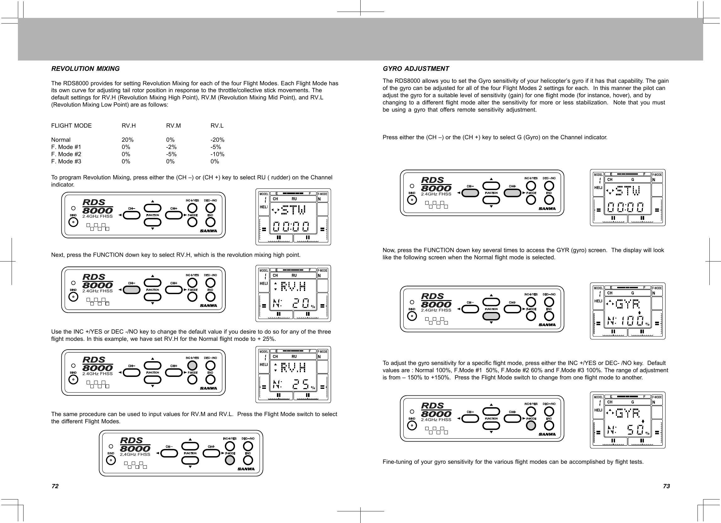 7372REVOLUTIONMIXINGTheRDS8000providesforsettingRevolutionMixingforeachofthefourFlightModes.EachFlightModehasitsowncurveforadjustingtailrotorpositioninresponsetothethrottle/collectivestickmovements.ThedefaultsettingsforRV.H(RevolutionMixingHighPoint),RV.M(RevolutionMixingMidPoint),andRV.L(RevolutionMixingLowPoint)areasfollows:FLIGHTMODENormalF.Mode#1F.Mode#2F.Mode#3RV.H20%0%0%0%RV.M0%-2%-5%0%RV.L-20%-5%-10%0%ToprogramRevolutionMixing,presseitherthe(CH–)or(CH+)keytoselectRU(rudder)ontheChannelindicator.Next,presstheFUNCTIONdownkeytoselectRV.H,whichistherevolutionmixinghighpoint.UsetheINC+/YESorDEC-/NOkeytochangethedefaultvalueifyoudesiretodosoforanyofthethreeflightmodes.Inthisexample,wehavesetRV.HfortheNormalflightmodeto+25%.ThesameprocedurecanbeusedtoinputvaluesforRV.MandRV.L.PresstheFlightModeswitchtoselectthedifferentFlightModes.GYROADJUSTMENTTheRDS8000allowsyoutosettheGyrosensitivityofyourhelicopter’sgyroifithasthatcapability.ThegainofthegyrocanbeadjustedforallofthefourFlightModes2settingsforeach.Inthismannerthepilotcanadjustthegyroforasuitablelevelofsensitivity(gain)foroneflightmode(forinstance,hover),andbychangingtoadifferentflightmodealterthesensitivityformoreorlessstabilization.Notethatyoumustbeusingagyrothatoffersremotesensitivityadjustment.Presseitherthe(CH–)orthe(CH+)keytoselectG(Gyro)ontheChannelindicator.Now,presstheFUNCTIONdownkeyseveraltimestoaccesstheGYR(gyro)screen.ThedisplaywilllooklikethefollowingscreenwhentheNormalflightmodeisselected.Toadjustthegyrosensitivityforaspecificflightmode,presseithertheINC+/YESorDEC-/NOkey.Defaultvaluesare:Normal100%,F.Mode#150%,F.Mode#260%andF.Mode#3100%.Therangeofadjustmentisfrom–150%to+150%.PresstheFlightModeswitchtochangefromoneflightmodetoanother.Fine-tuningofyourgyrosensitivityforthevariousflightmodescanbeaccomplishedbyflighttests.