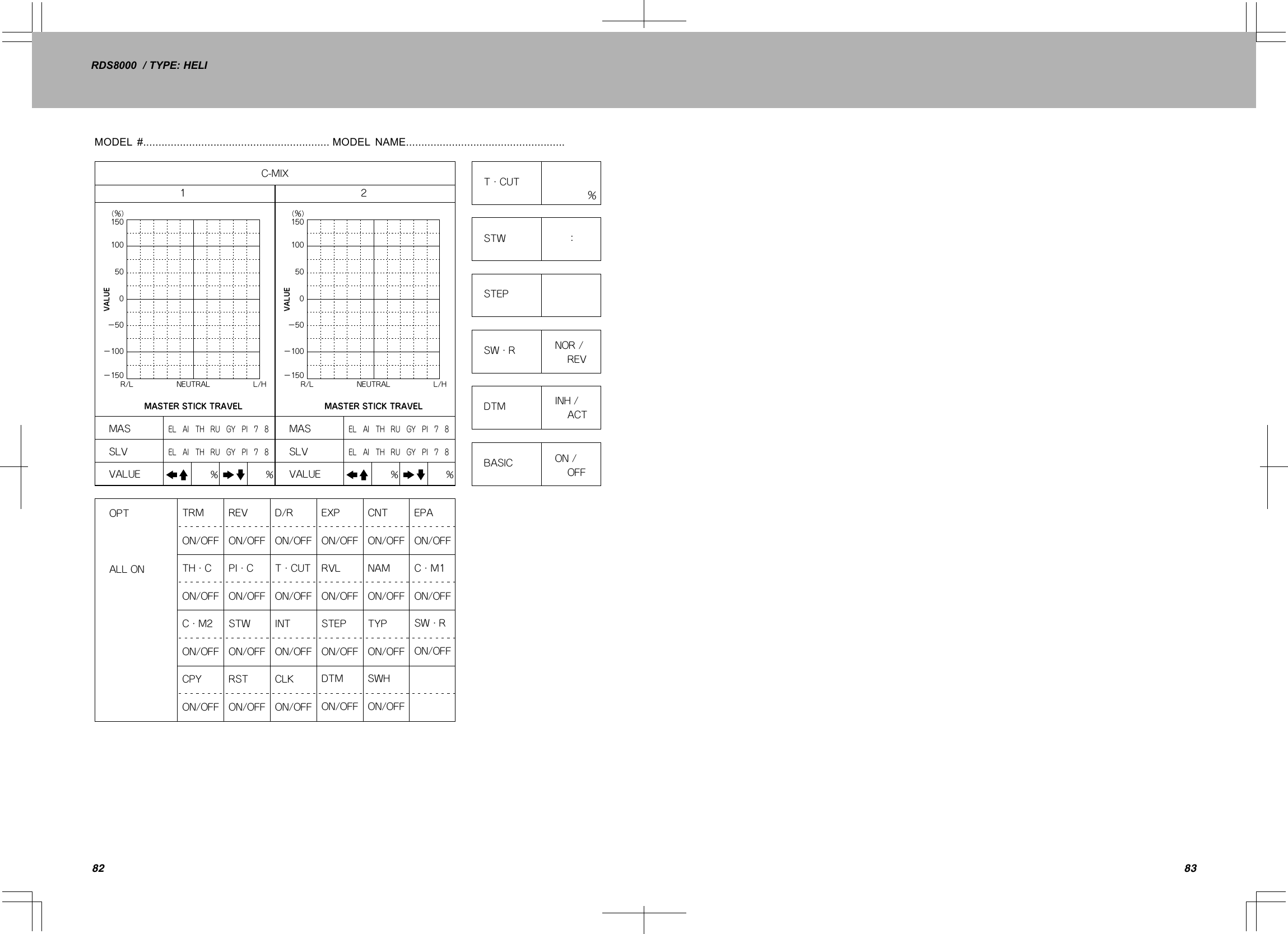 8382RDS8000/TYPE:HELIMODEL#.............................................................MODELNAME....................................................VALUET・CUT1MAS R/L150(％)100500VALUE0−50−100−150NEUTRALMASTER STICK TRAVELL/HSLV VALUE ％  ％ 2C-MIX％ TRMON/OFFTH・CON/OFFC・M1ON/OFFSW・RON/OFFDTMON/OFFOPT    ALL ON： NOR /   REVINH /    ACTON /    OFFSTWSTEPSW・RDTMBASICREVON/OFFPI・CON/OFFC・M2ON/OFFCPYON/OFF ON/OFFD/RON/OFFT・CUTON/OFFSTWON/OFFRSTON/OFFSWHEXPON/OFFRVLON/OFFINTON/OFFCNTON/OFFSTEPON/OFFCLKON/OFFEPAON/OFFNAMON/OFFTYPON/OFFMASR/L150(％)10050−50−100−150NEUTRALMASTER STICK TRAVELL/HSLVVALUE ％  ％ EL AI TH RU GY PI 7 8EL AI TH RU GY PI 7 8EL AI TH RU GY PI 7 8EL AI TH RU GY PI 7 8