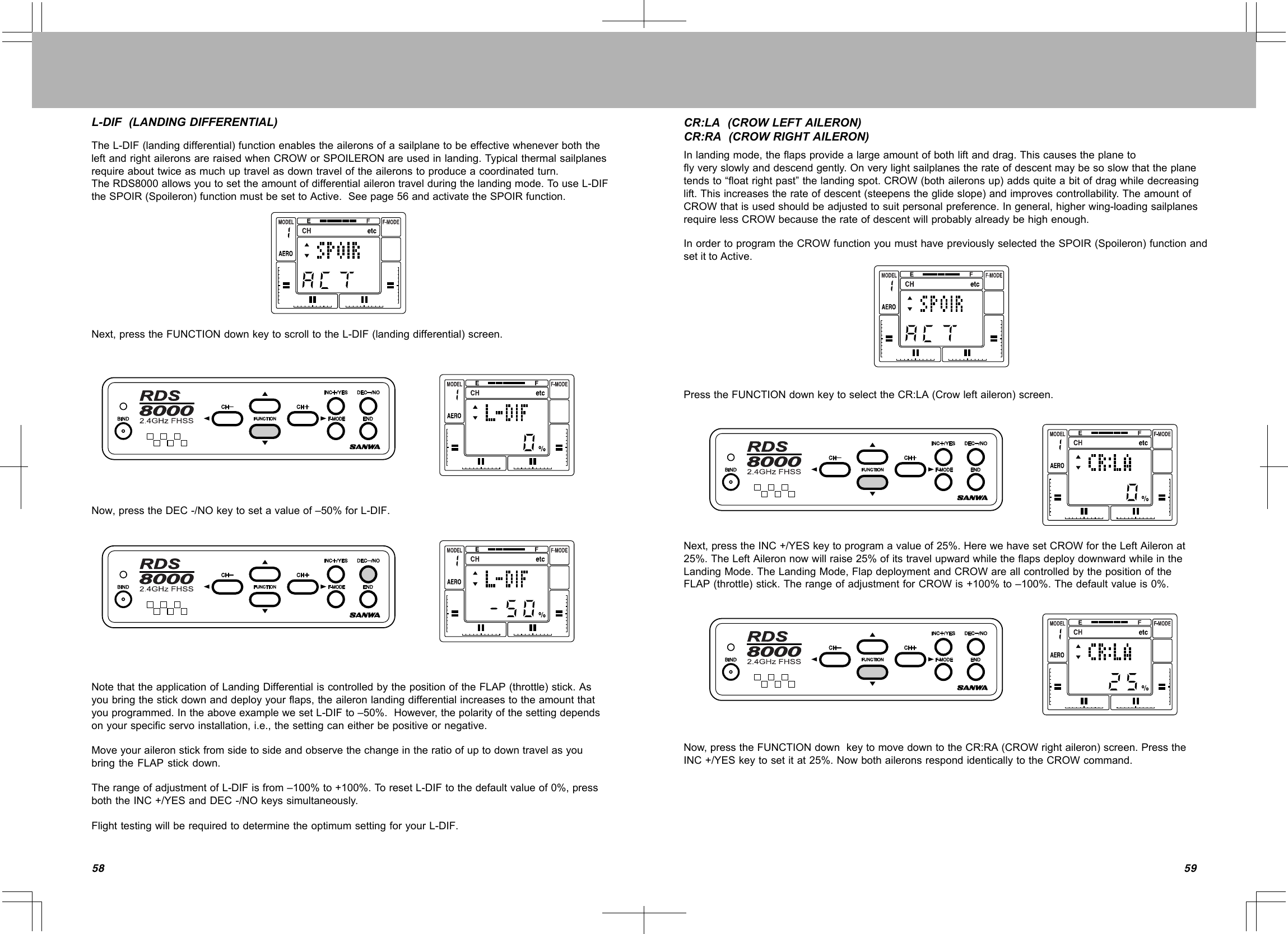 5958L-DIF(LANDINGDIFFERENTIAL)TheL-DIF(landingdifferential)functionenablestheaileronsofasailplanetobeeffectivewheneverboththeleftandrightaileronsareraisedwhenCROWorSPOILERONareusedinlanding.Typicalthermalsailplanesrequireabouttwiceasmuchuptravelasdowntraveloftheaileronstoproduceacoordinatedturn.TheRDS8000allowsyoutosettheamountofdifferentialailerontravelduringthelandingmode.TouseL-DIFtheSPOIR(Spoileron)functionmustbesettoActive.Seepage56andactivatetheSPOIRfunction.Next,presstheFUNCTIONdownkeytoscrolltotheL-DIF(landingdifferential)screen.Now,presstheDEC-/NOkeytosetavalueof–50%forL-DIF.NotethattheapplicationofLandingDifferentialiscontrolledbythepositionoftheFLAP(throttle)stick.Asyoubringthestickdownanddeployyourflaps,theaileronlandingdifferentialincreasestotheamountthatyouprogrammed.IntheaboveexamplewesetL-DIFto–50%.However,thepolarityofthesettingdependsonyourspecificservoinstallation,i.e.,thesettingcaneitherbepositiveornegative.MoveyouraileronstickfromsidetosideandobservethechangeintheratioofuptodowntravelasyoubringtheFLAPstickdown.TherangeofadjustmentofL-DIFisfrom–100%to+100%.ToresetL-DIFtothedefaultvalueof0%,pressboththeINC+/YESandDEC-/NOkeyssimultaneously.FlighttestingwillberequiredtodeterminetheoptimumsettingforyourL-DIF..CR:LA(CROWLEFTAILERON)CR:RA(CROWRIGHTAILERON)Inlandingmode,theflapsprovidealargeamountofbothliftanddrag.Thiscausestheplanetoflyveryslowlyanddescendgently.Onverylightsailplanestherateofdescentmaybesoslowthattheplanetendsto“floatrightpast”thelandingspot.CROW(bothaileronsup)addsquiteabitofdragwhiledecreasinglift.Thisincreasestherateofdescent(steepenstheglideslope)andimprovescontrollability.TheamountofCROWthatisusedshouldbeadjustedtosuitpersonalpreference.Ingeneral,higherwing-loadingsailplanesrequirelessCROWbecausetherateofdescentwillprobablyalreadybehighenough.InordertoprogramtheCROWfunctionyoumusthavepreviouslyselectedtheSPOIR(Spoileron)functionandsetittoActive.PresstheFUNCTIONdownkeytoselecttheCR:LA(Crowleftaileron)screen.Next,presstheINC+/YESkeytoprogramavalueof25%.HerewehavesetCROWfortheLeftAileronat25%.TheLeftAileronnowwillraise25%ofitstravelupwardwhiletheflapsdeploydownwardwhileintheLandingMode.TheLandingMode,FlapdeploymentandCROWareallcontrolledbythepositionoftheFLAP(throttle)stick.TherangeofadjustmentforCROWis+100%to–100%.Thedefaultvalueis0%.Now,presstheFUNCTIONdownkeytomovedowntotheCR:RA(CROWrightaileron)screen.PresstheINC+/YESkeytosetitat25%.NowbothaileronsrespondidenticallytotheCROWcommand.