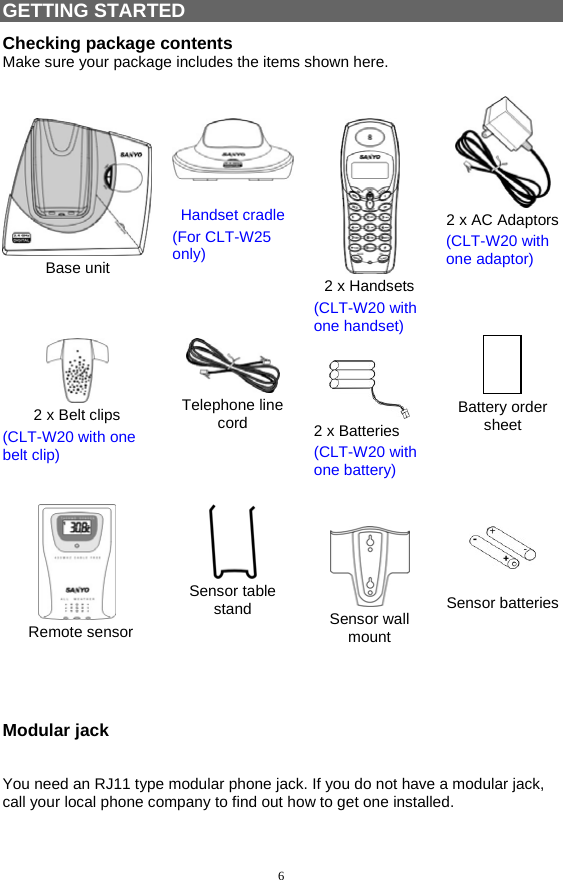 6 GETTING STARTED Checking package contents Make sure your package includes the items shown here.              Base unit     Handset cradle (For CLT-W25 only)   2 x Handsets (CLT-W20 with one handset)  2 x AC Adaptors (CLT-W20 with one adaptor)  2 x Belt clips (CLT-W20 with one belt clip)  Telephone line cord   2 x Batteries (CLT-W20 with one battery) Battery order sheet          Remote sensor   Sensor table stand    Sensor wall mount     Sensor batteries    Modular jack    You need an RJ11 type modular phone jack. If you do not have a modular jack, call your local phone company to find out how to get one installed.  