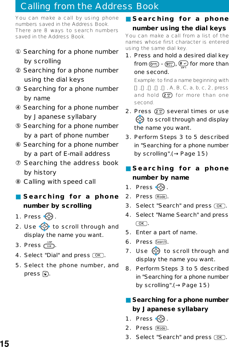 You can make a call by using phonenumbers saved in the Address Book.There are 8 ways to search numberssaved in the Address Book.① Searching for a phone numberby scrolling② Searching for a phone numberusing the dial keys③ Searching for a phone numberby name④ Searching for a phone numberby Japanese syllabary⑤ Searching for a phone numberby a part of phone number⑥ Searching for a phone numberby a part of E-mail address⑦ Searching the address bookby history⑧ Calling with speed callCalling from the Address Book■Searching  for a  phonenumber by scrolling1. Press  .2. Use   to scroll through anddisplay the name you want.3. Press  .4. Select &quot;Dial&quot; and press OK.5. Select the phone number, andpress  .■Searching  for  a  phonenumber using the dial keysYou can make a call from a list of thenames whose first character is enteredusing the same dial key.1. Press and hold a desired dial keyfrom   -  ,   for more thanone second.Example: to find a name beginning withカ,キ,ク,ケ,コ, A, B, C, a, b, c, 2, pressand hold   for more than onesecond.2. Press   several times or use to scroll through and displaythe name you want.3. Perform Steps 3 to 5 describedin &quot;Searching for a phone numberby scrolling&quot;.(→Page 15)■Searching  for  a  phonenumber by name1. Press  .2. Press Mode.3. Select &quot;Search&quot; and press OK.4. Select &quot;Name Search&quot; and pressOK.5. Enter a part of name.6. Press Search.7. Use   to scroll through anddisplay the name you want.8. Perform Steps 3 to 5 describedin &quot;Searching for a phone numberby scrolling&quot;.(→Page 15)■Searching for a phone numberby Japanese syllabary1. Press  .2. Press Mode.3. Select &quot;Search&quot; and press OK.15