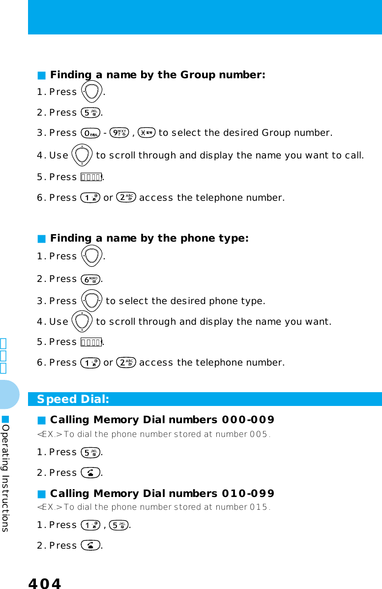 404404その他■Operating InstructionsSpeed Dial:&lt;EX.&gt; To dial the phone number stored at number 005.1. Press  .2. Press  .■ Calling Memory Dial numbers 000-009■ Calling Memory Dial numbers 010-099&lt;EX.&gt; To dial the phone number stored at number 015.1. Press   ,  .2. Press  .■ Finding a name by the phone type:1. Press  .2. Press  .3. Press   to select the desired phone type.4. Use   to scroll through and display the name you want.5. Press メニュー.6. Press   or   access the telephone number.■ Finding a name by the Group number:1. Press  .2. Press  .3. Press   -   ,   to select the desired Group number.4. Use   to scroll through and display the name you want to call.5. Press メニュー.6. Press   or   access the telephone number.