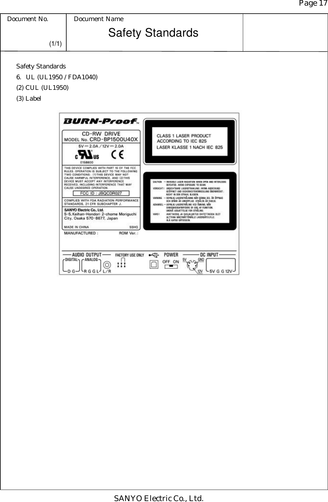 Page 17 Document No. Document Name SANYO Electric Co., Ltd. Safety Standards (1/1) Safety Standards 6. UL (UL1950 / FDA1040) (2) CUL (UL1950) (3) Label                    