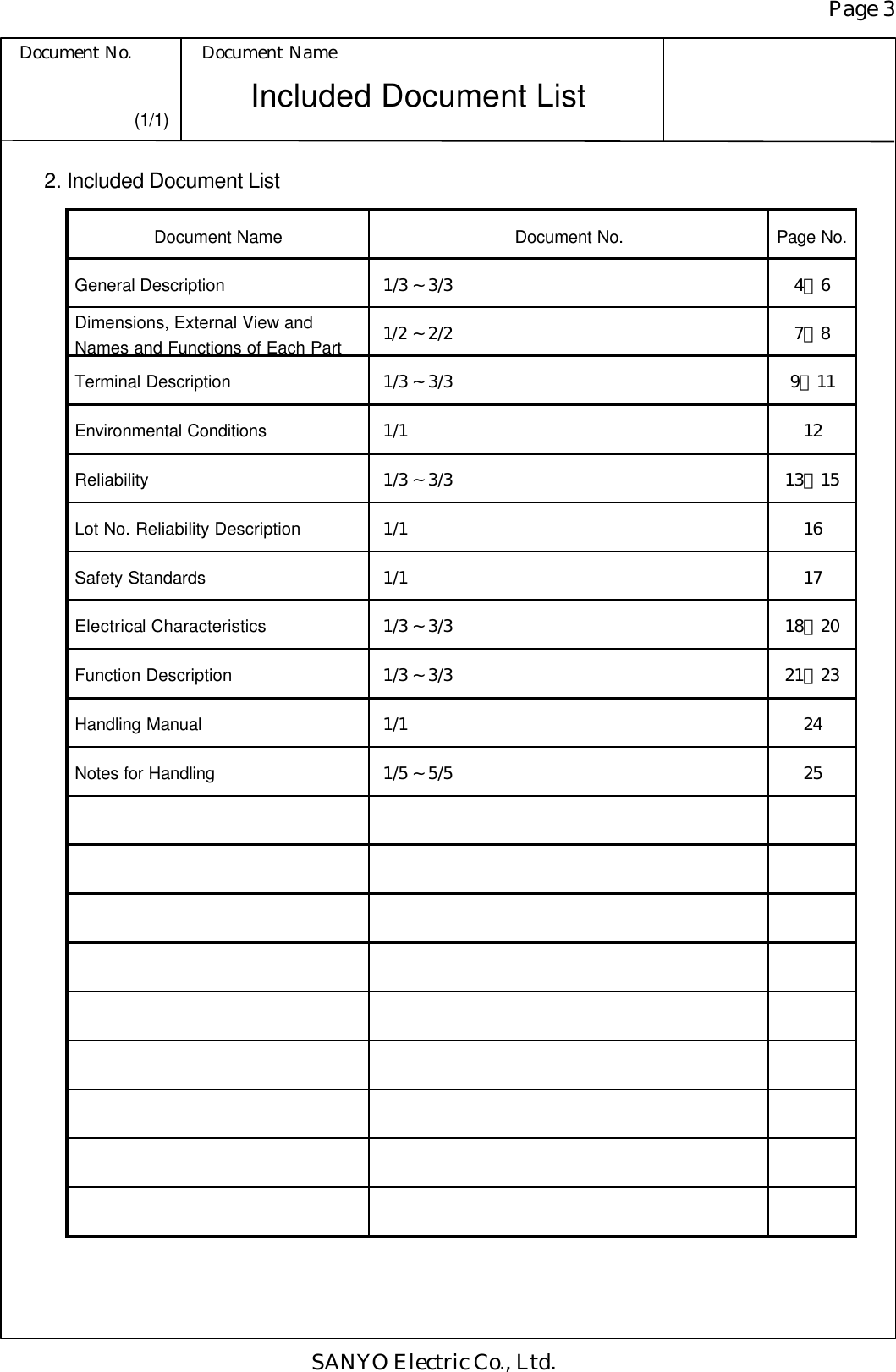 Page 3 Document No. Document Name SANYO Electric Co., Ltd. Included Document List (1/1) 2. Included Document List Document Name Document No. Page No. General Description   1/3 ~ 3/3 4∼6 Dimensions, External View and Names and Functions of Each Part 1/2 ~ 2/2 7∼8 Terminal Description 1/3 ~ 3/3 9∼11 Environmental Conditions 1/1 12 Reliability  1/3 ~ 3/3 13∼15 Lot No. Reliability Description 1/1 16 Safety Standards 1/1 17 Electrical Characteristics 1/3 ~ 3/3 18∼20 Function Description 1/3 ~ 3/3 21∼23 Handling Manual 1/1 24 Notes for Handling 1/5 ~ 5/5 25                   