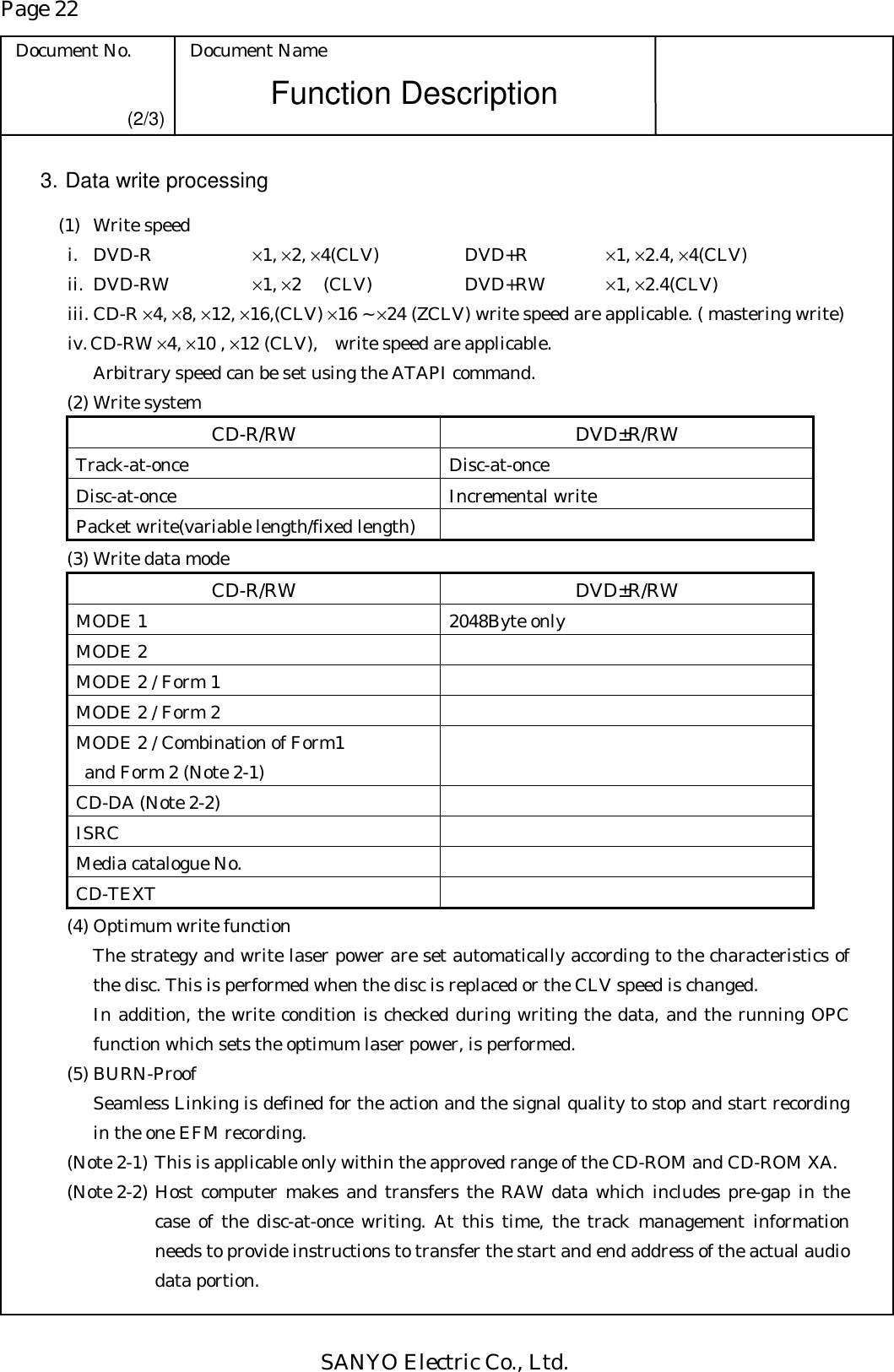 Page 22 Document No.  Document Name SANYO Electric Co., Ltd. Function Description (2/3) 3. Data write processing  (1) Write speed i. DVD-R    ×1, ×2, ×4(CLV)   DVD+R   ×1, ×2.4, ×4(CLV) ii. DVD-RW   ×1, ×2 (CLV)   DVD+RW  ×1, ×2.4(CLV) iii. CD-R ×4, ×8, ×12, ×16,(CLV) ×16 ~ ×24 (ZCLV) write speed are applicable. ( mastering write) iv. CD-RW ×4, ×10 , ×12 (CLV),    write speed are applicable.       Arbitrary speed can be set using the ATAPI command.   (2) Write system CD-R/RW DVD±R/RW Track-at-once Disc-at-once Disc-at-once Incremental write Packet write(variable length/fixed length)     (3) Write data mode CD-R/RW DVD±R/RW MODE 1  2048Byte only MODE 2   MODE 2 / Form 1   MODE 2 / Form 2   MODE 2 / Combination of Form1   and Form 2 (Note 2-1)  CD-DA (Note 2-2)   ISRC  Media catalogue No.   CD-TEXT    (4) Optimum write function The strategy and write laser power are set automatically according to the characteristics of the disc. This is performed when the disc is replaced or the CLV speed is changed. In addition, the write condition is checked during writing the data, and the running OPC function which sets the optimum laser power, is performed.    (5) BURN-Proof Seamless Linking is defined for the action and the signal quality to stop and start recording in the one EFM recording.   (Note 2-1) This is applicable only within the approved range of the CD-ROM and CD-ROM XA. (Note 2-2) Host computer makes and transfers the RAW data which includes pre-gap in the case of the disc-at-once writing. At this time, the track management information needs to provide instructions to transfer the start and end address of the actual audio data portion. 